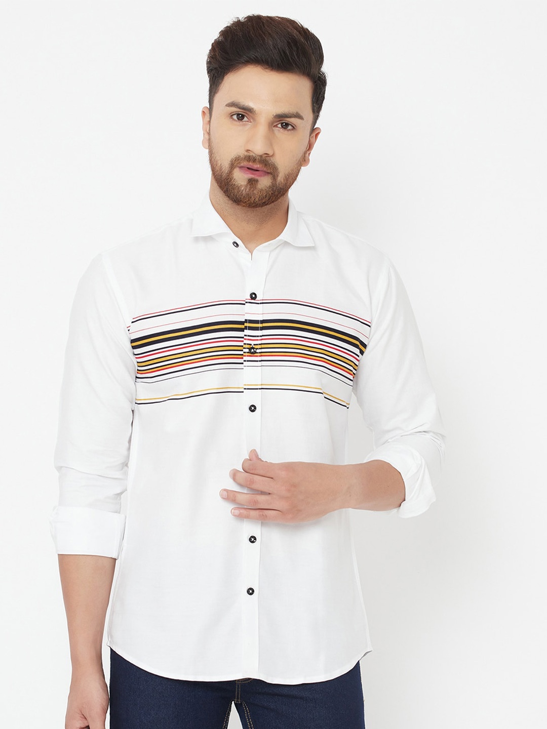 

JOLLY'S Men White Straight Horizontal Striped Casual Shirt