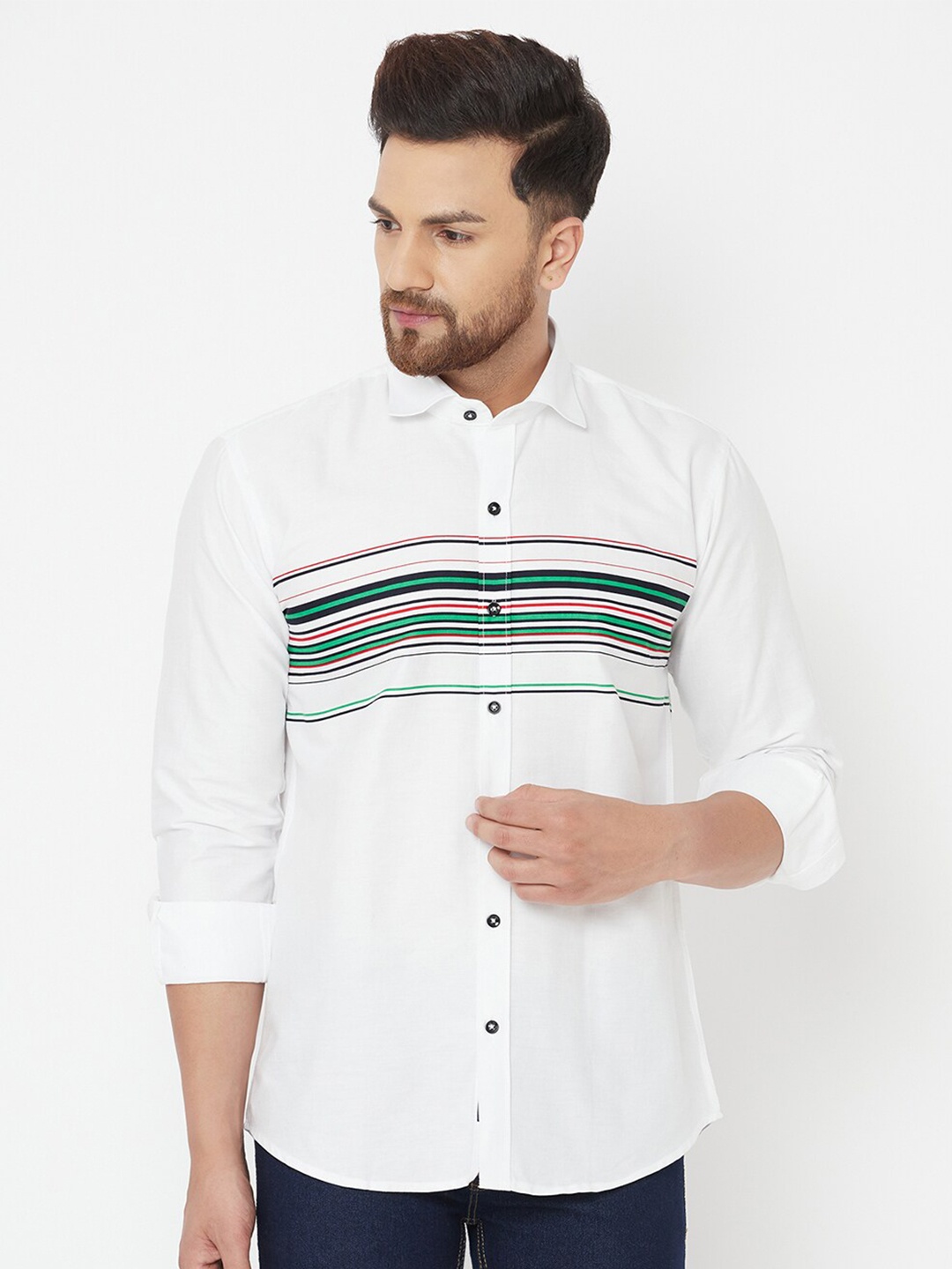 

JOLLY'S Men White Straight Horizontal Striped Casual Shirt