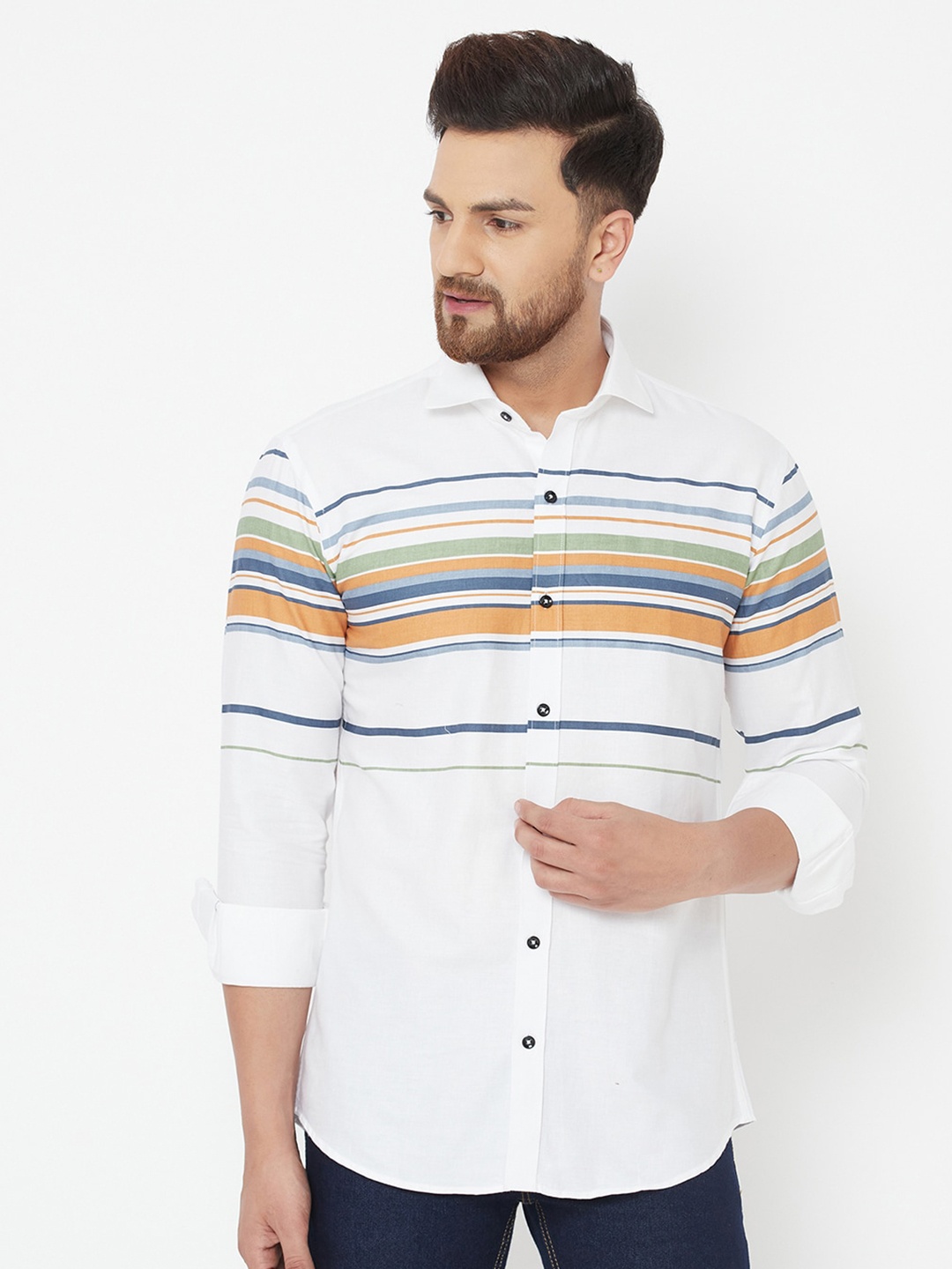 

JOLLY'S Men Green Straight Horizontal Striped Casual Shirt