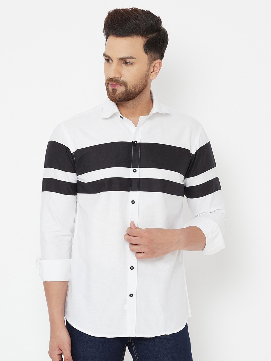 

JOLLY'S Men White & Black Straight Horizontal Striped Cotton Casual Shirt