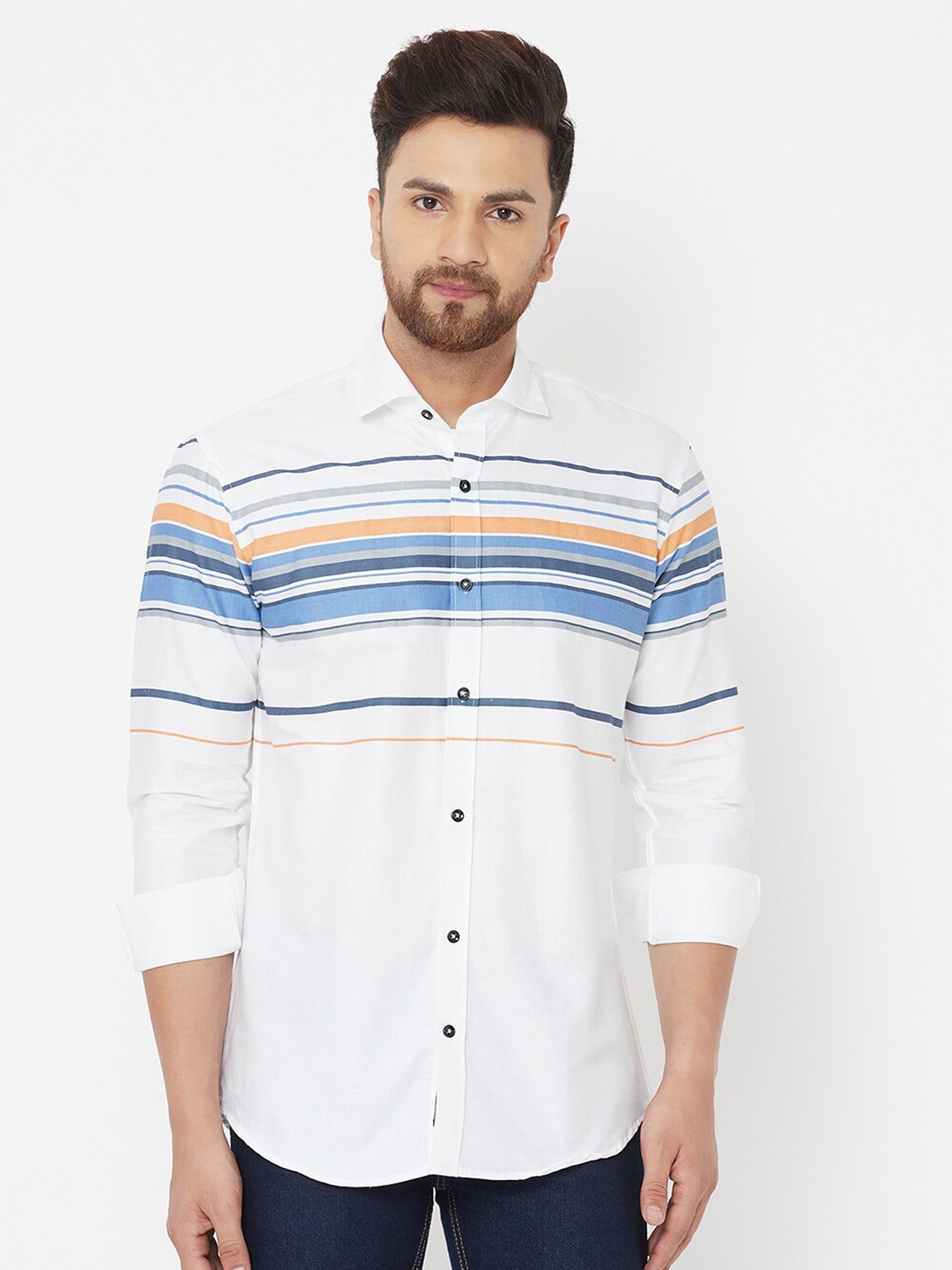 

JOLLY'S Men White & Orange Straight Horizontal Striped Casual Shirt