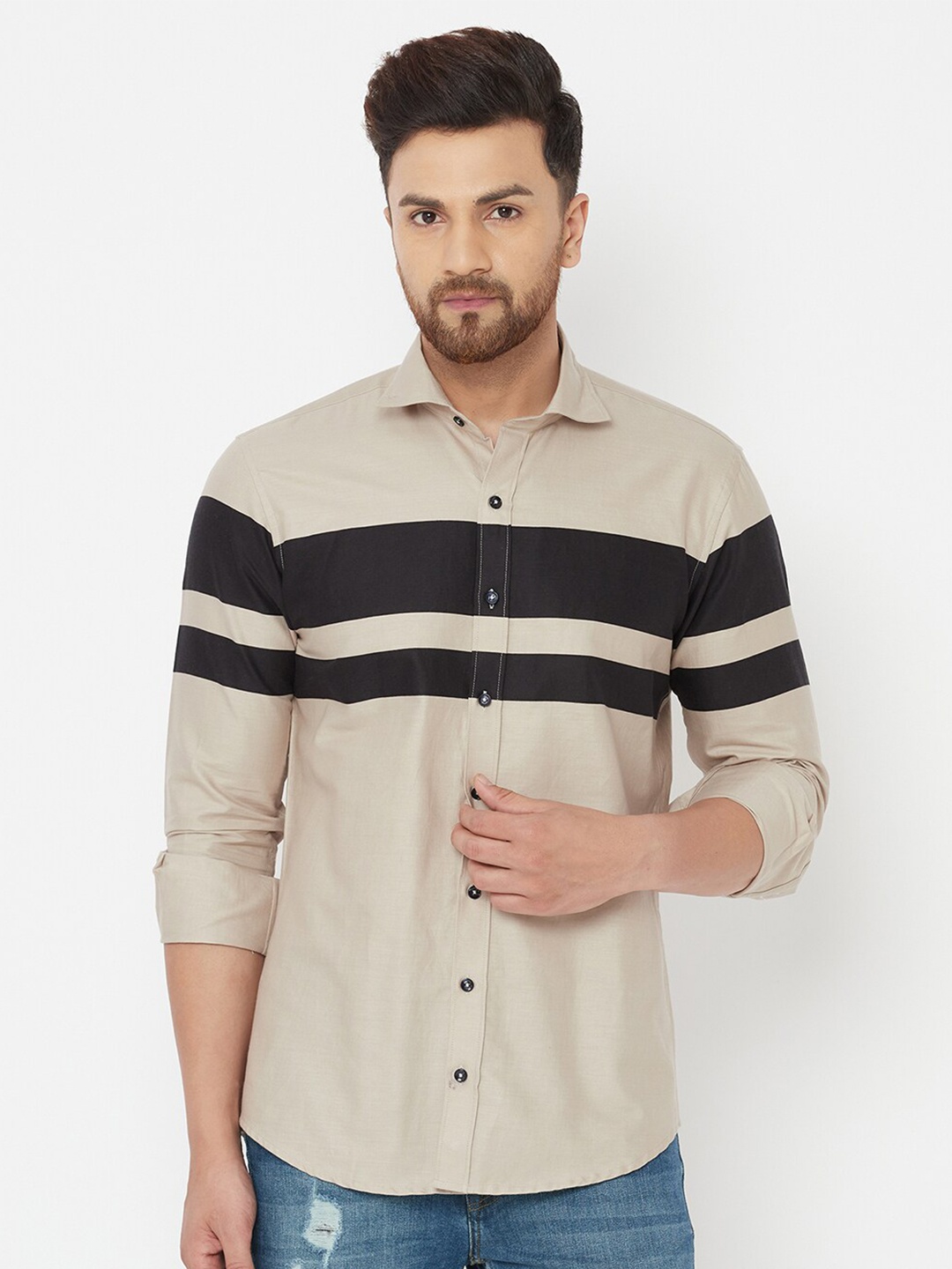 

JOLLY'S Men Grey Straight Horizontal Striped Casual Shirt