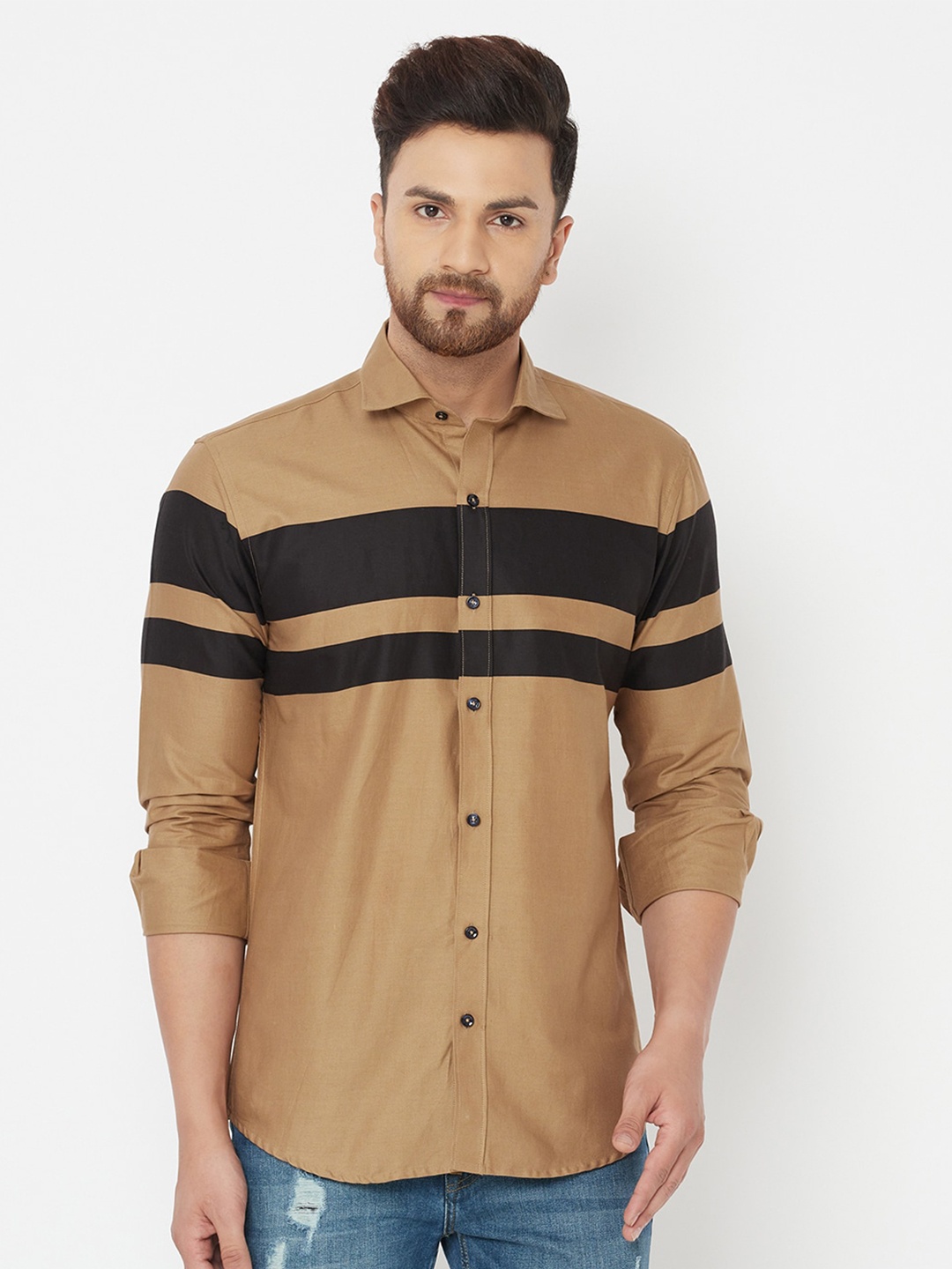 

JOLLY'S Men Brown Straight Horizontal Stripes Striped Casual Shirt