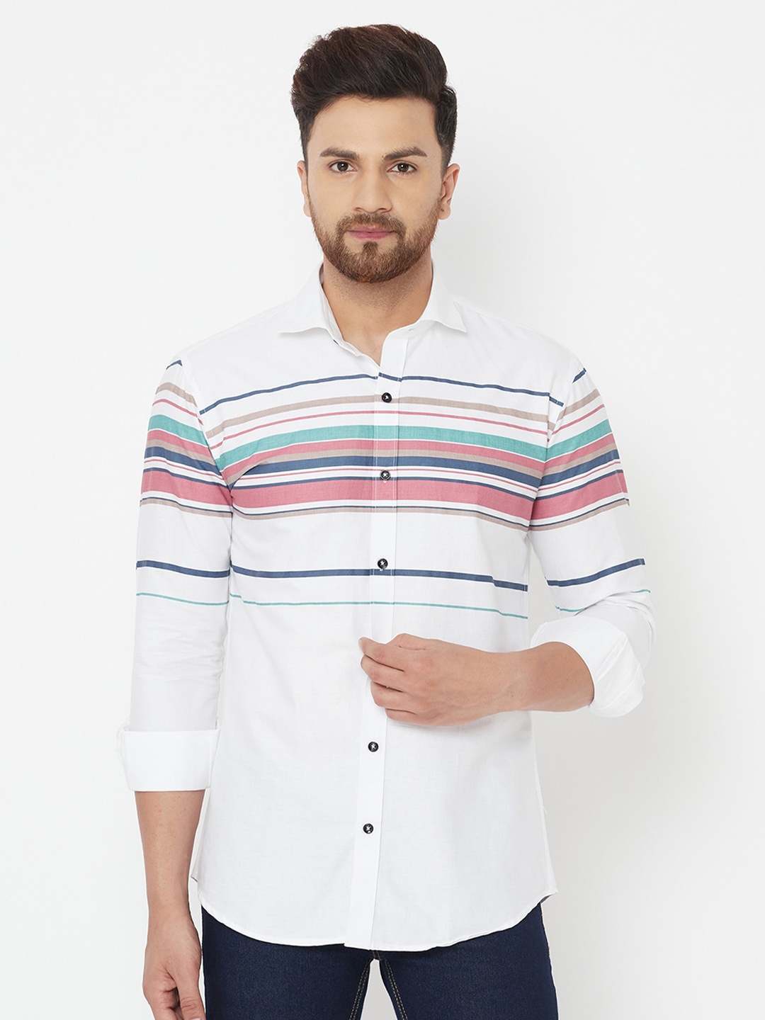 

JOLLY'S Men White Straight Horizontal Stripes Striped Casual Shirt