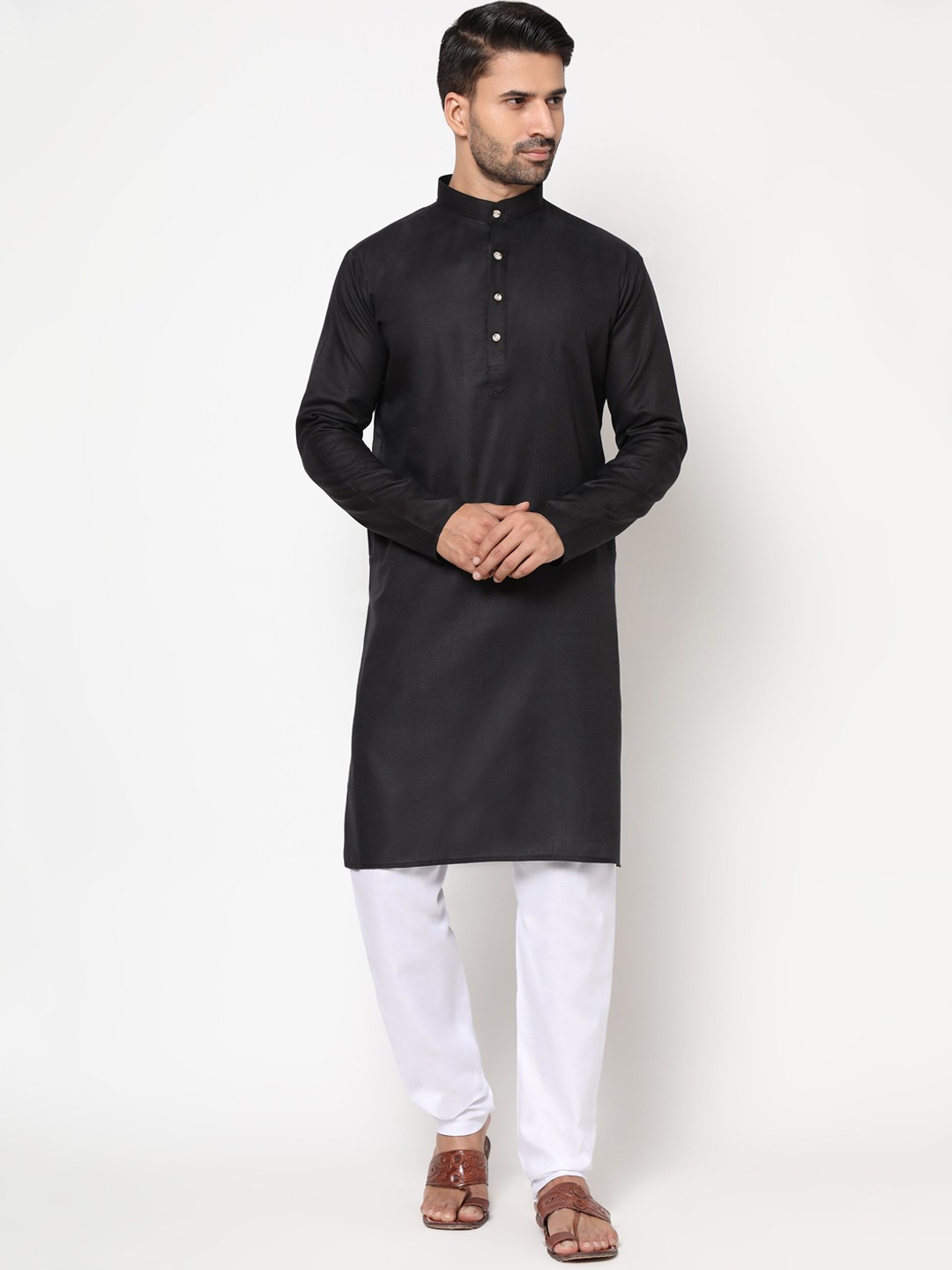 

PEONY SMART WORLD Men Black Linen Kurti with Pyjamas