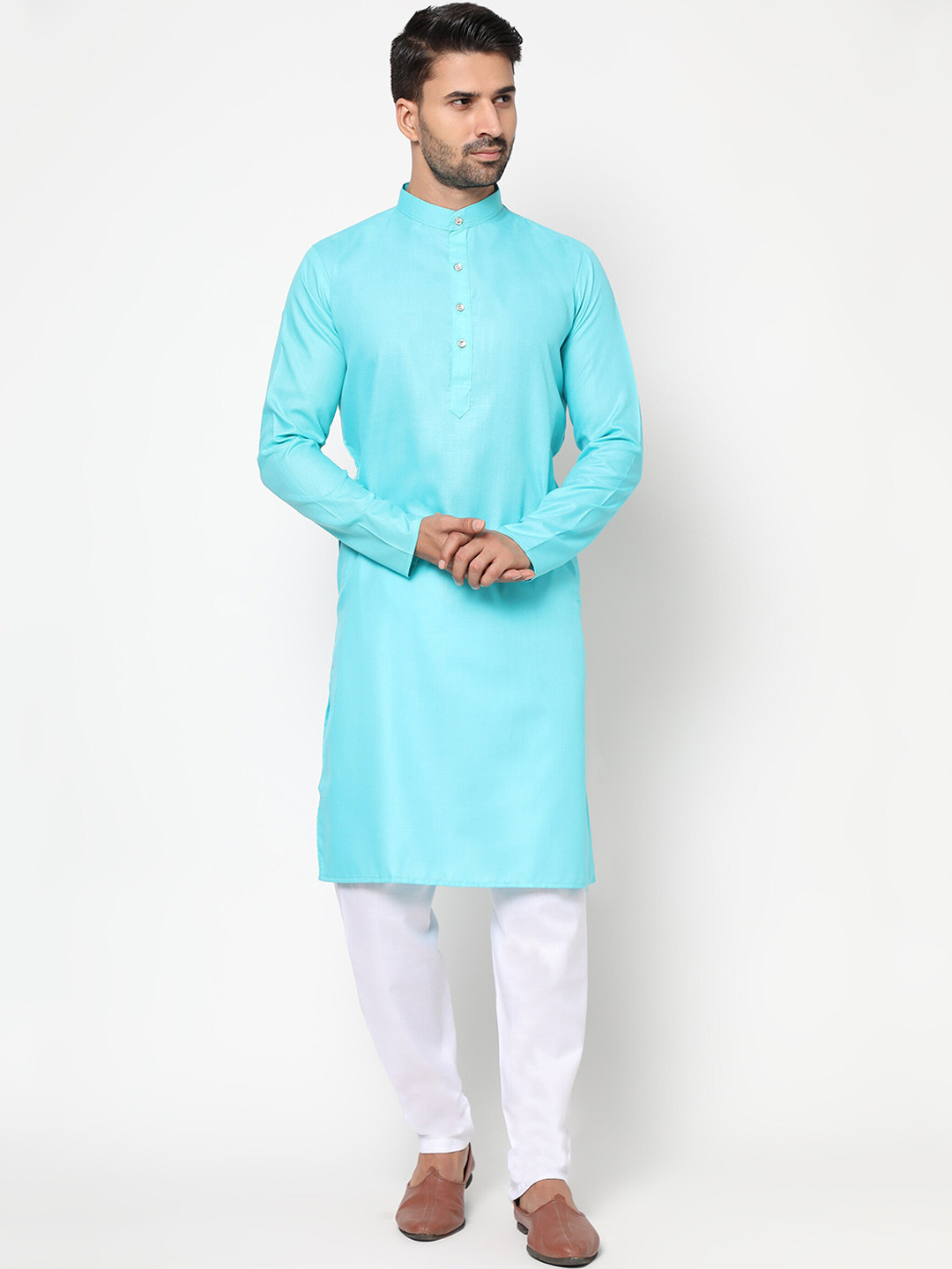 

PEONY SMART WORLD Men Turquoise Blue Linen Kurta with Pyjamas