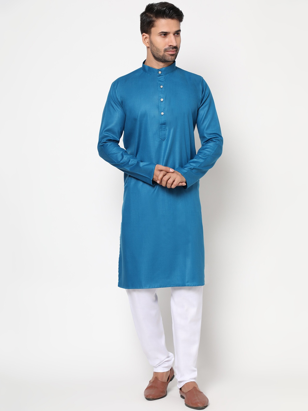 

Peony Cotton Fab Men Blue Linen Kurta with Trousers