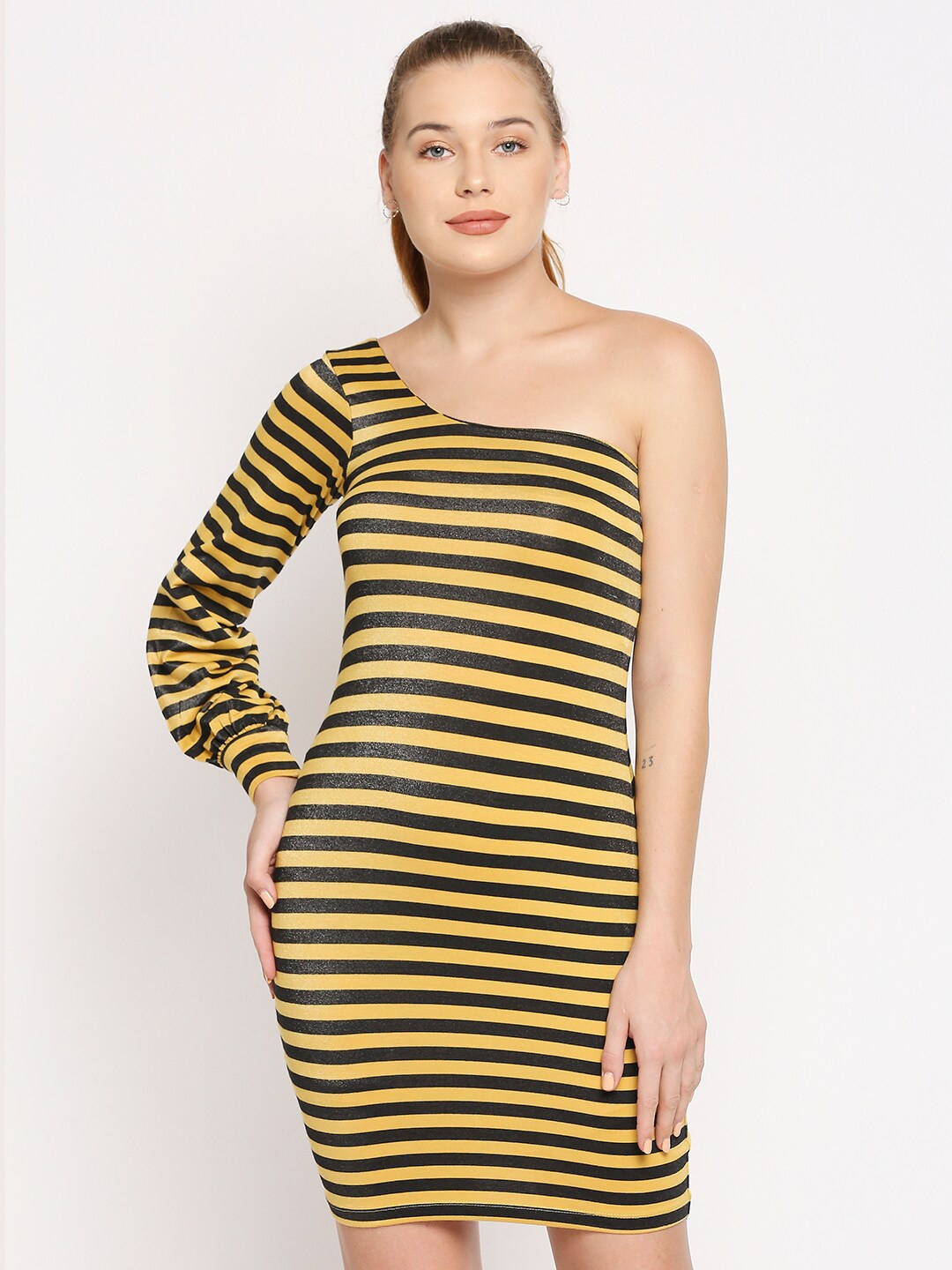 

Disrupt Yellow Striped One Shoulder Bodycon Dress