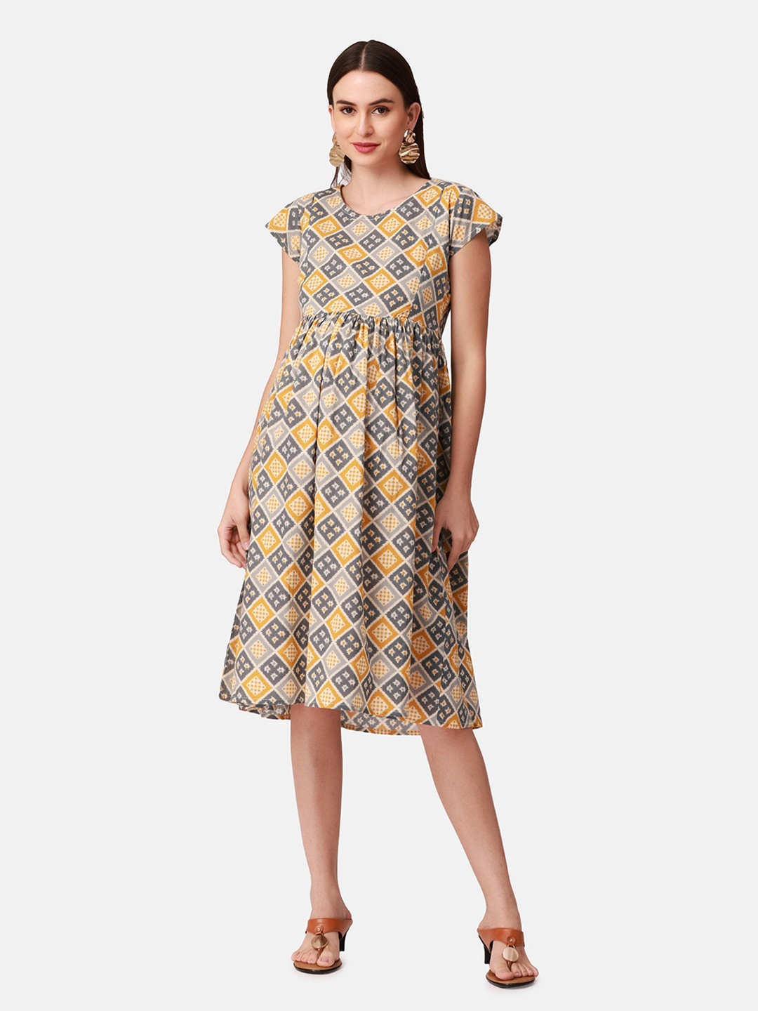

The Mom Store Yellow Ethnic Motifs Maternity Cotton Dress