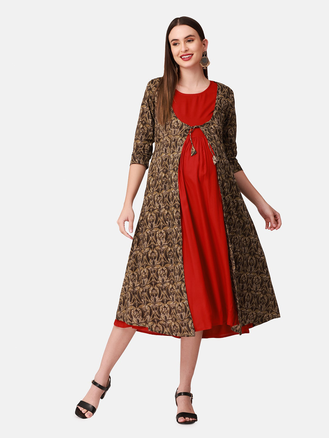 

The Mom Store Maroon & Brown Maternity Layered Midi Dress