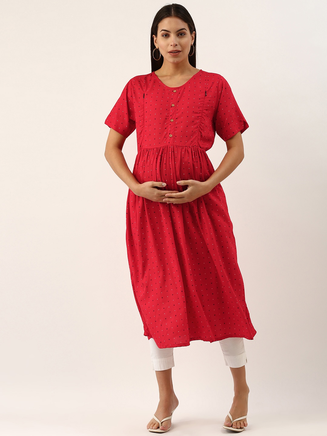 

Nejo Women Red Geometric Printed Maternity Kurta