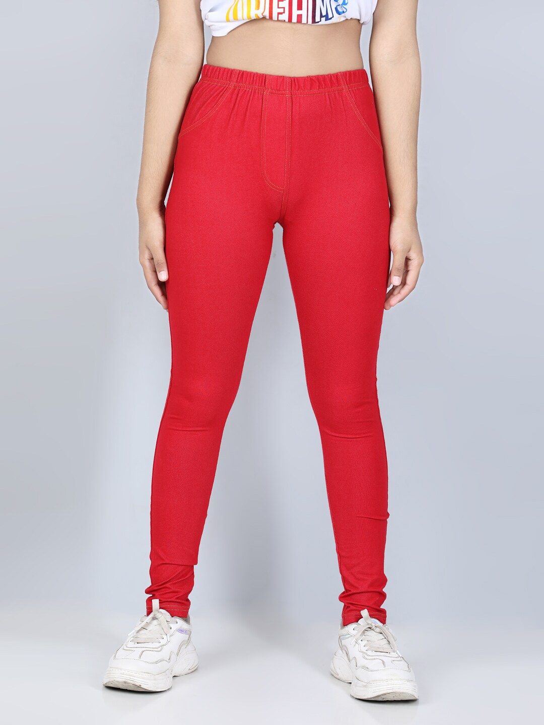 

StyleStone Girls Red Solid Cotton Jeggings