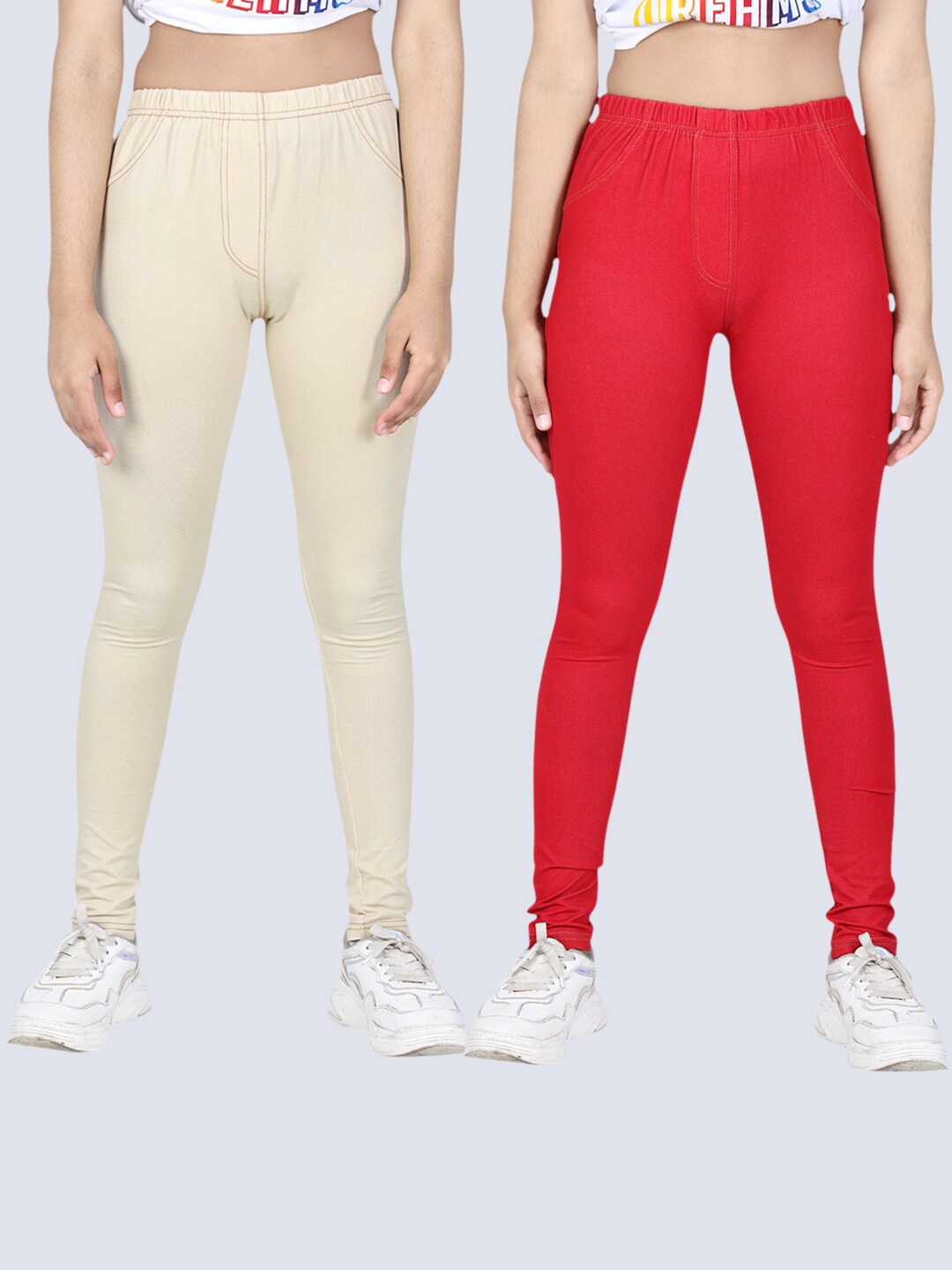 

StyleStone Girls Pack Of 2 Cream & Red Solid Jeggings