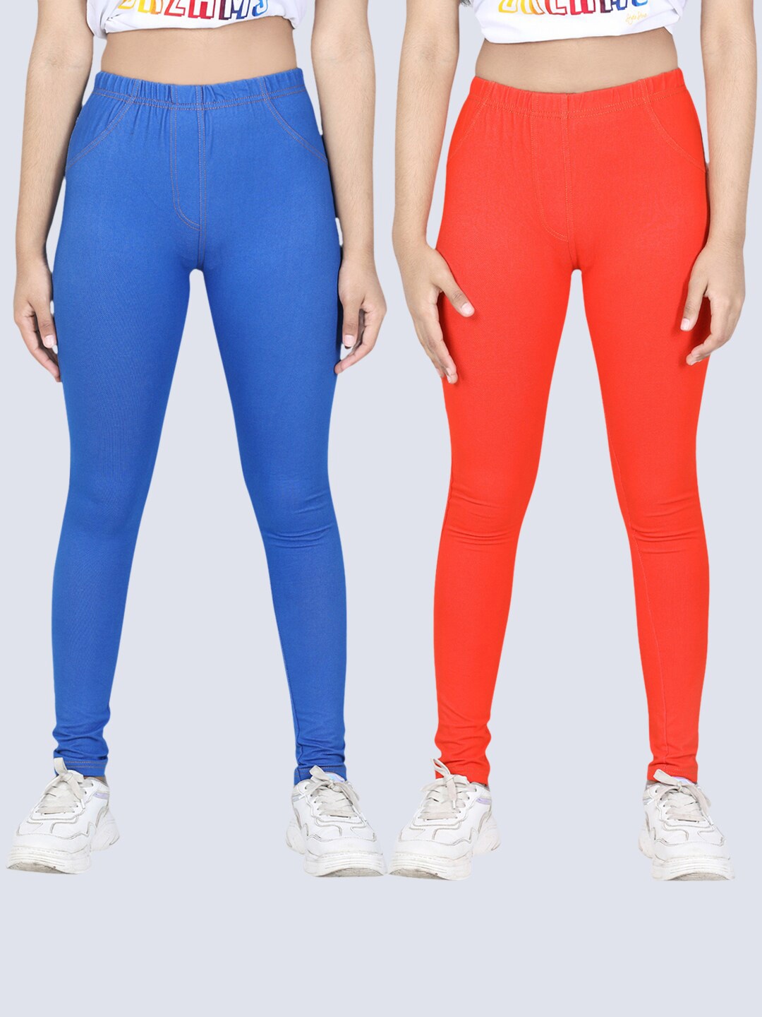 

StyleStone Girls Pack Of 2 Blue & Orange Solid Cotton Jeggings