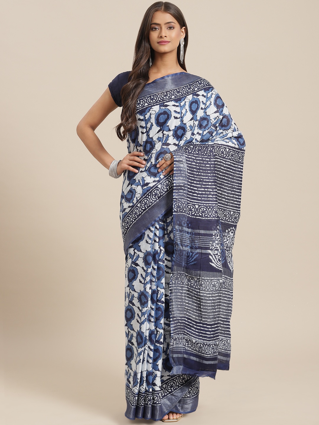 

Yufta Blue & White Ethnic Motifs Pure Cotton Saree