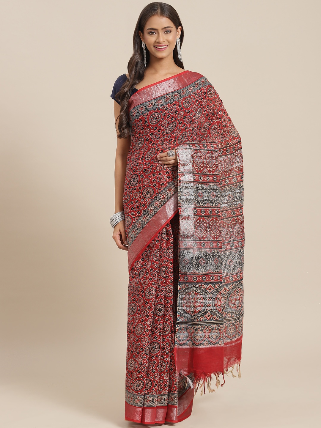 

Yufta Rust Red Ajrak print Pure Cotton Saree