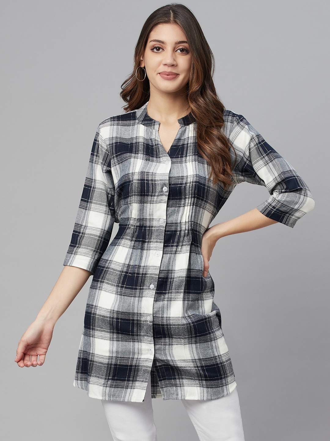 

One Femme Women White & Navy Blue Checked Pure Cotton Tunic