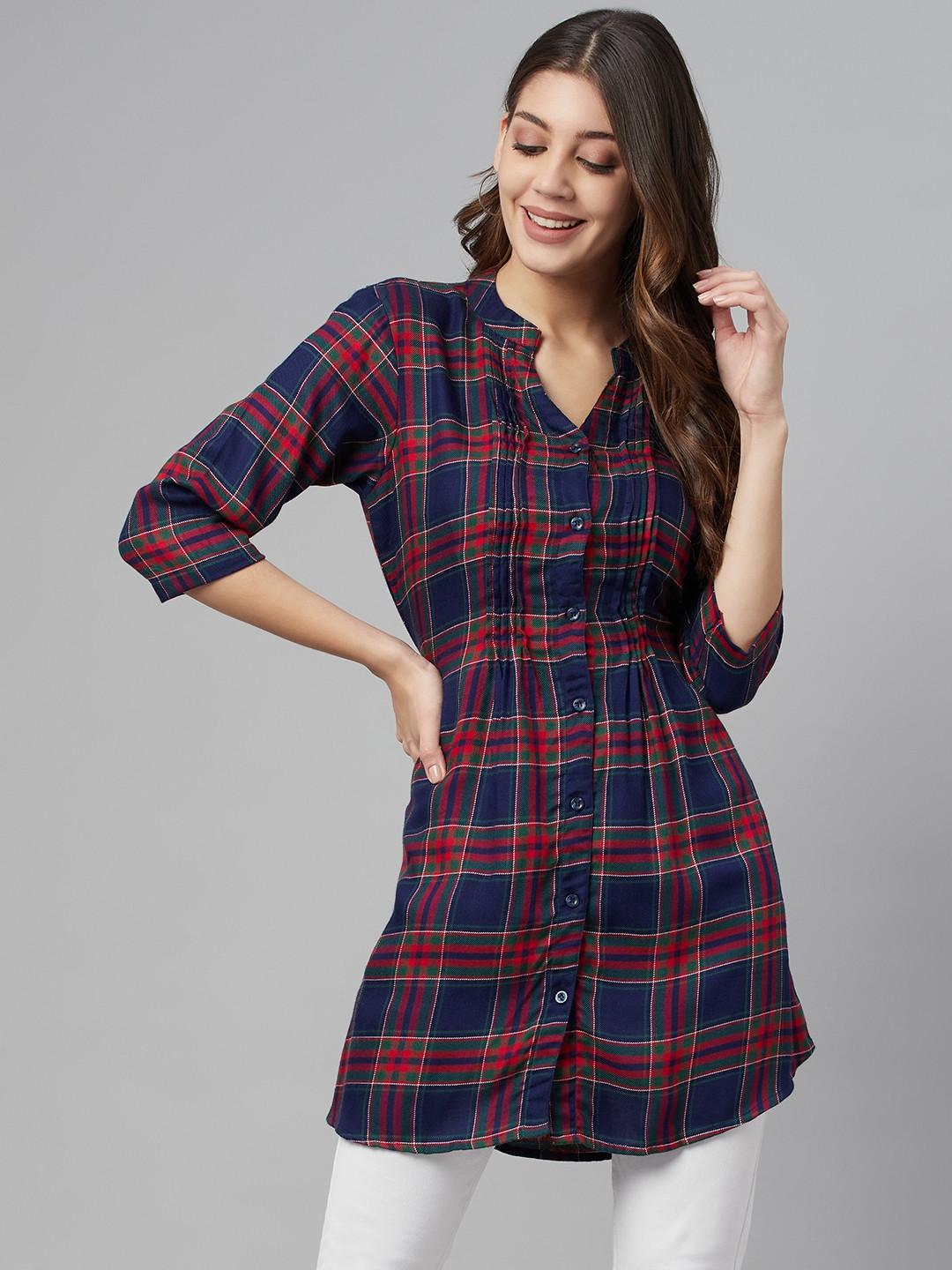 

One Femme Women Navy Blue & Red Checked Pure Cotton Tunic