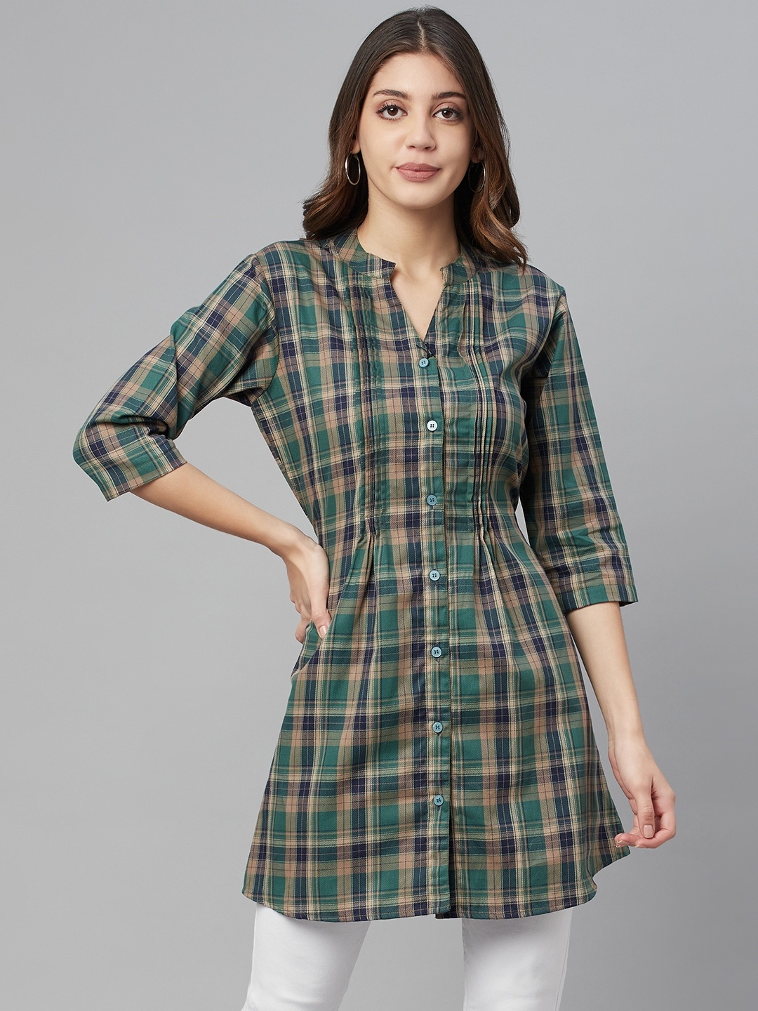 

One Femme Women Green & Beige Checked Pure Cotton Tunic