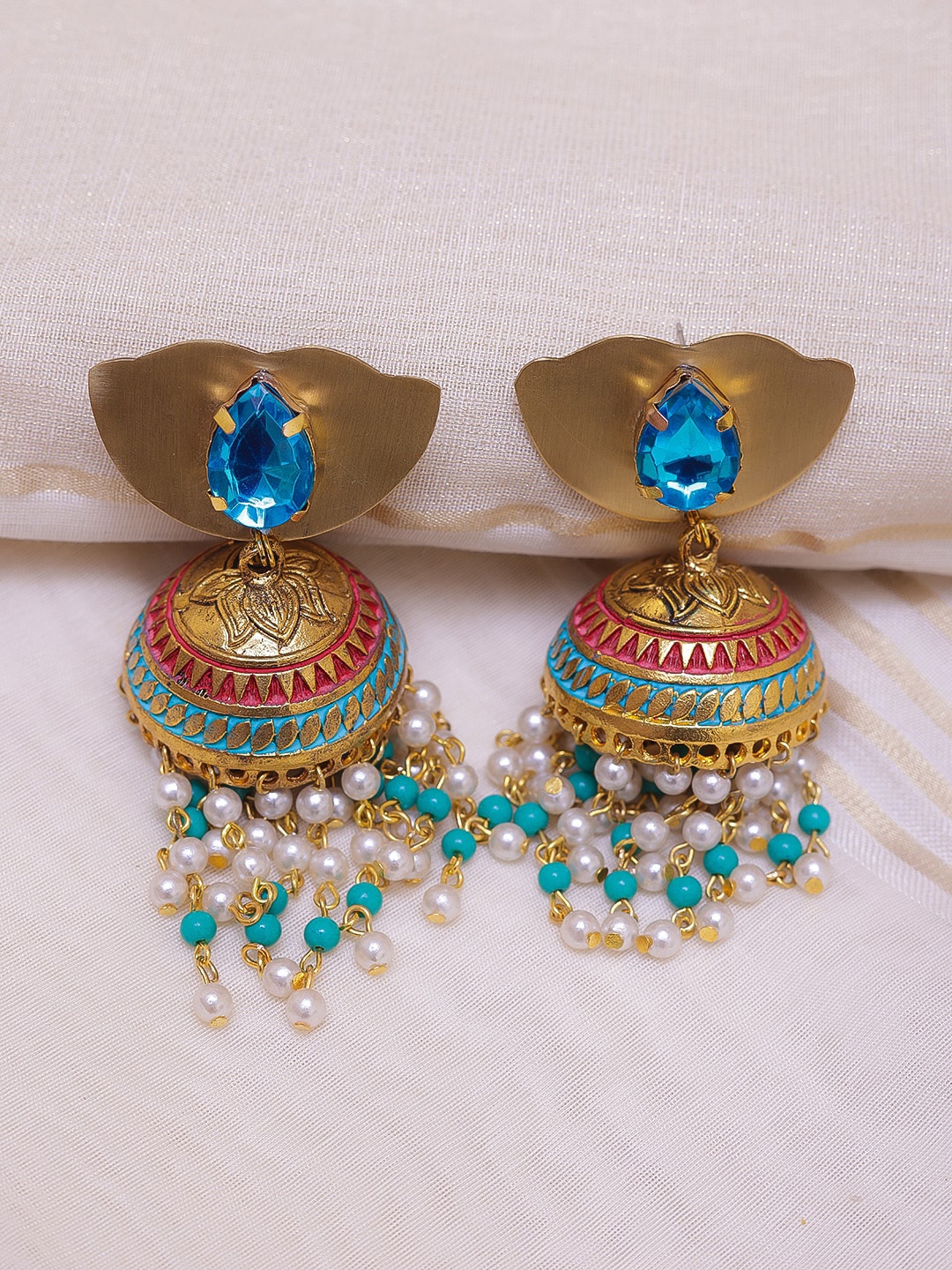 

DIVA WALK Gold-Plated Blue & Red Jhumkas Earrings