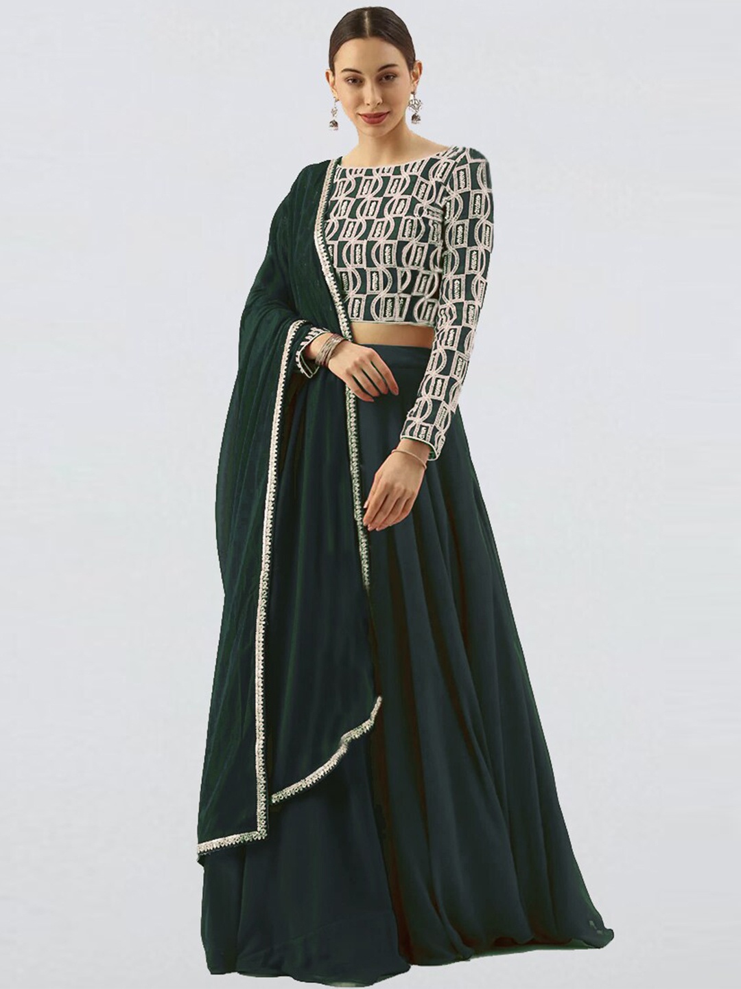 

Ethnovog Green Gold-Toned Embroidered Made to Measure Lehenga Blouse With Dupatta