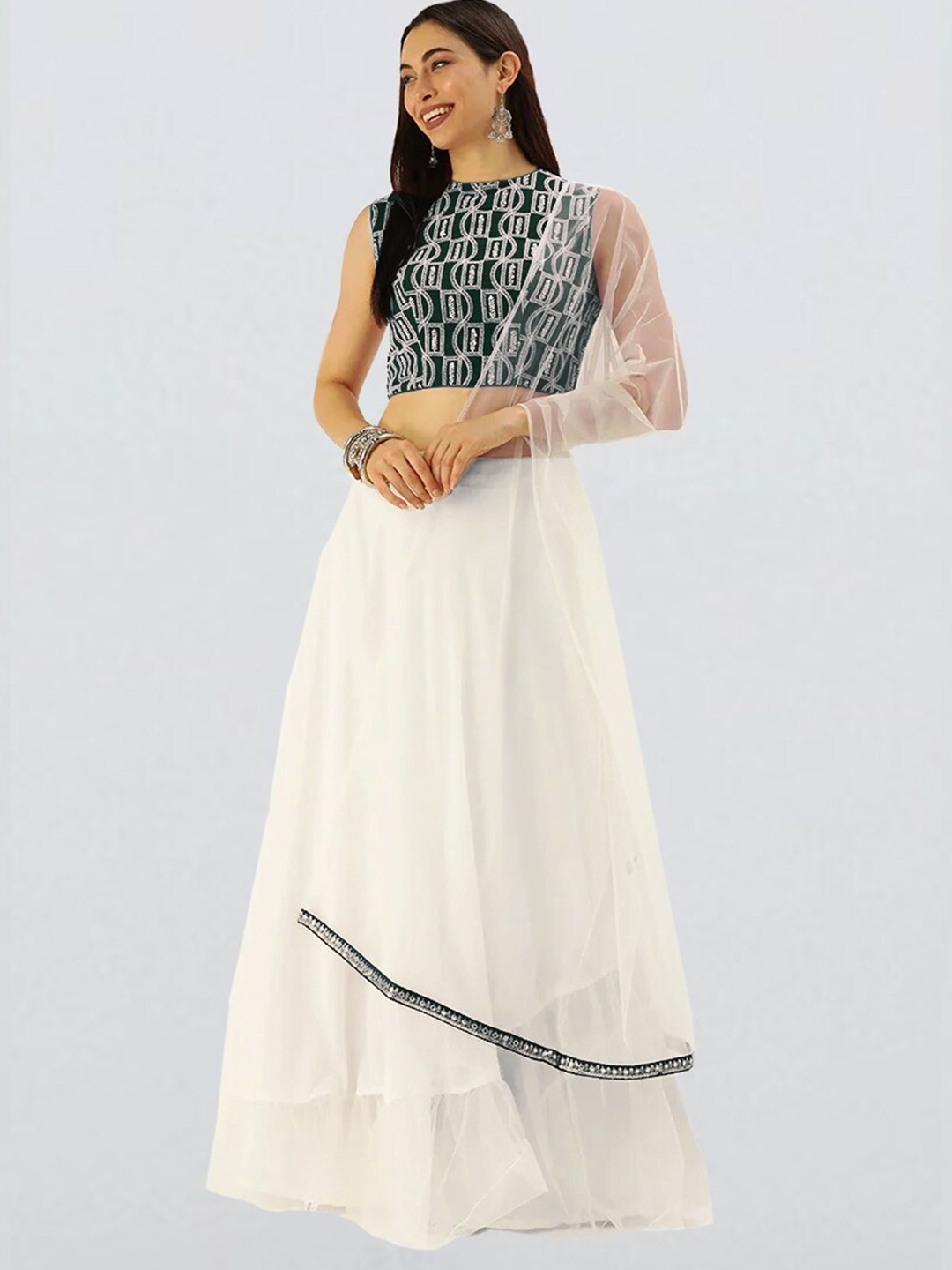 

Ethnovog Green White Embroidered Made to Measure Lehenga Blouse With Dupatta