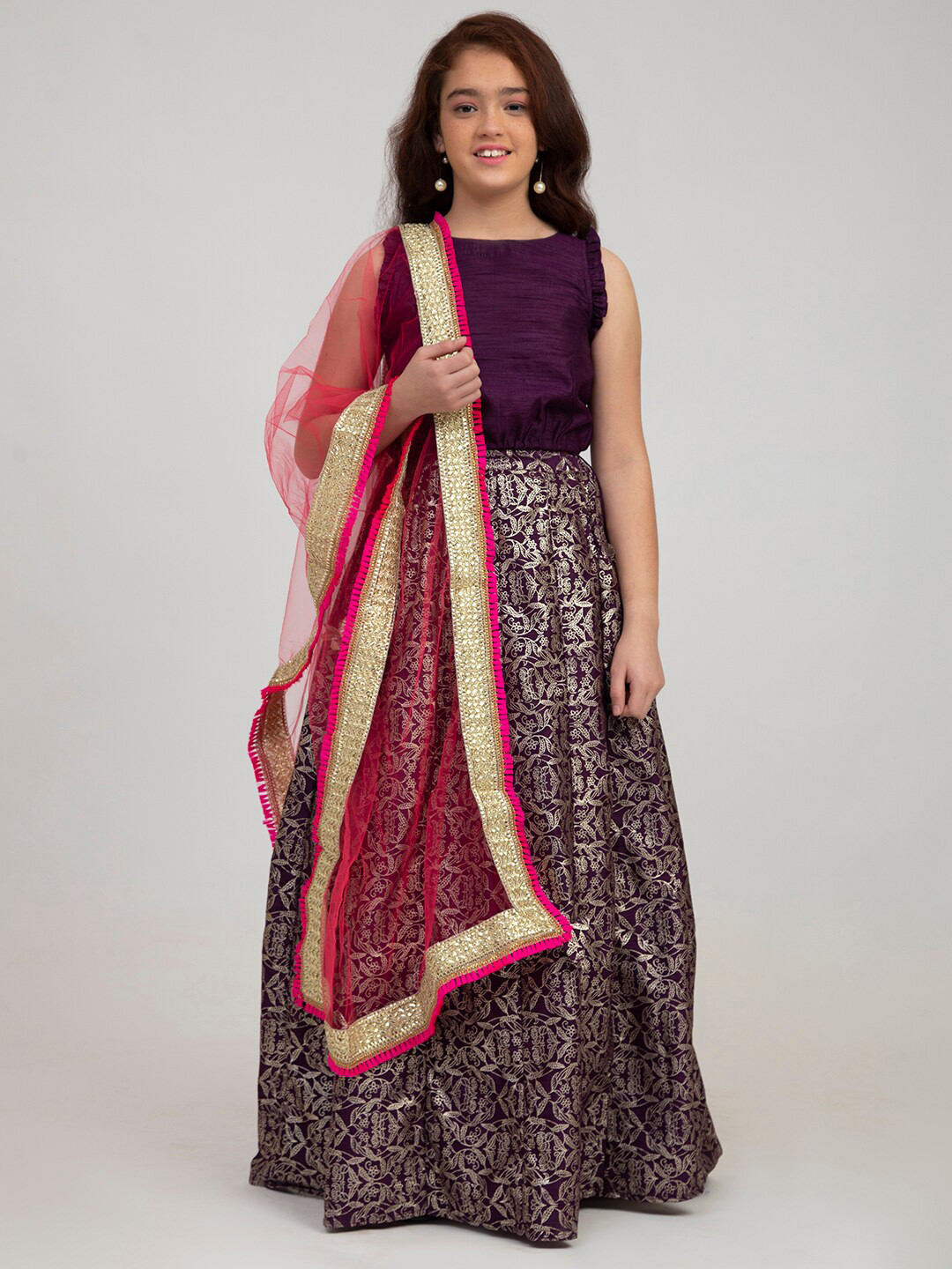 

Bitiya by Bhama Girls Purple & Pink Ready to Wear Lehenga & Blouse With Dupatta
