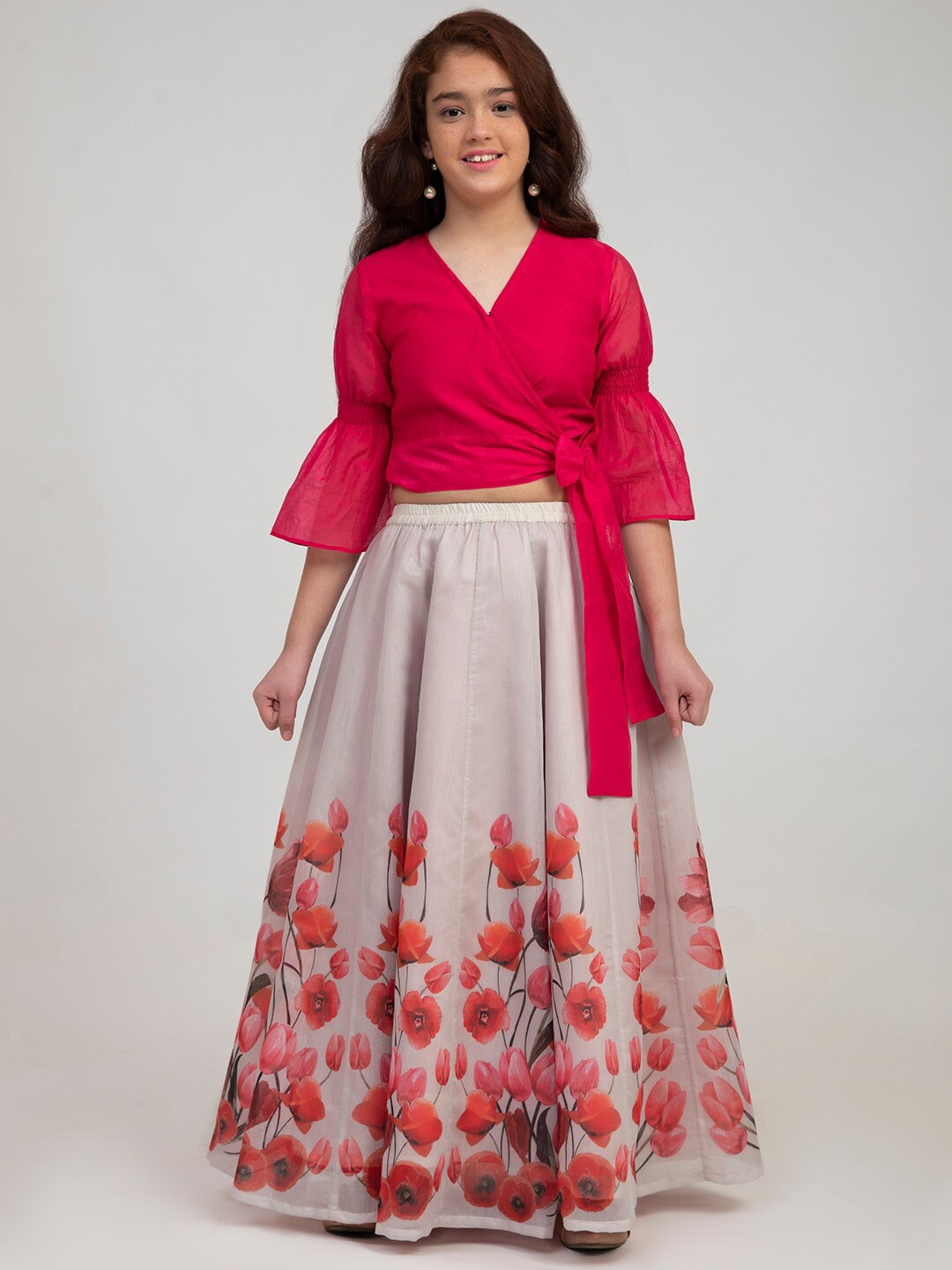 

Bitiya by Bhama Girls Pink & Off White Ready to Wear Lehenga & Blouse