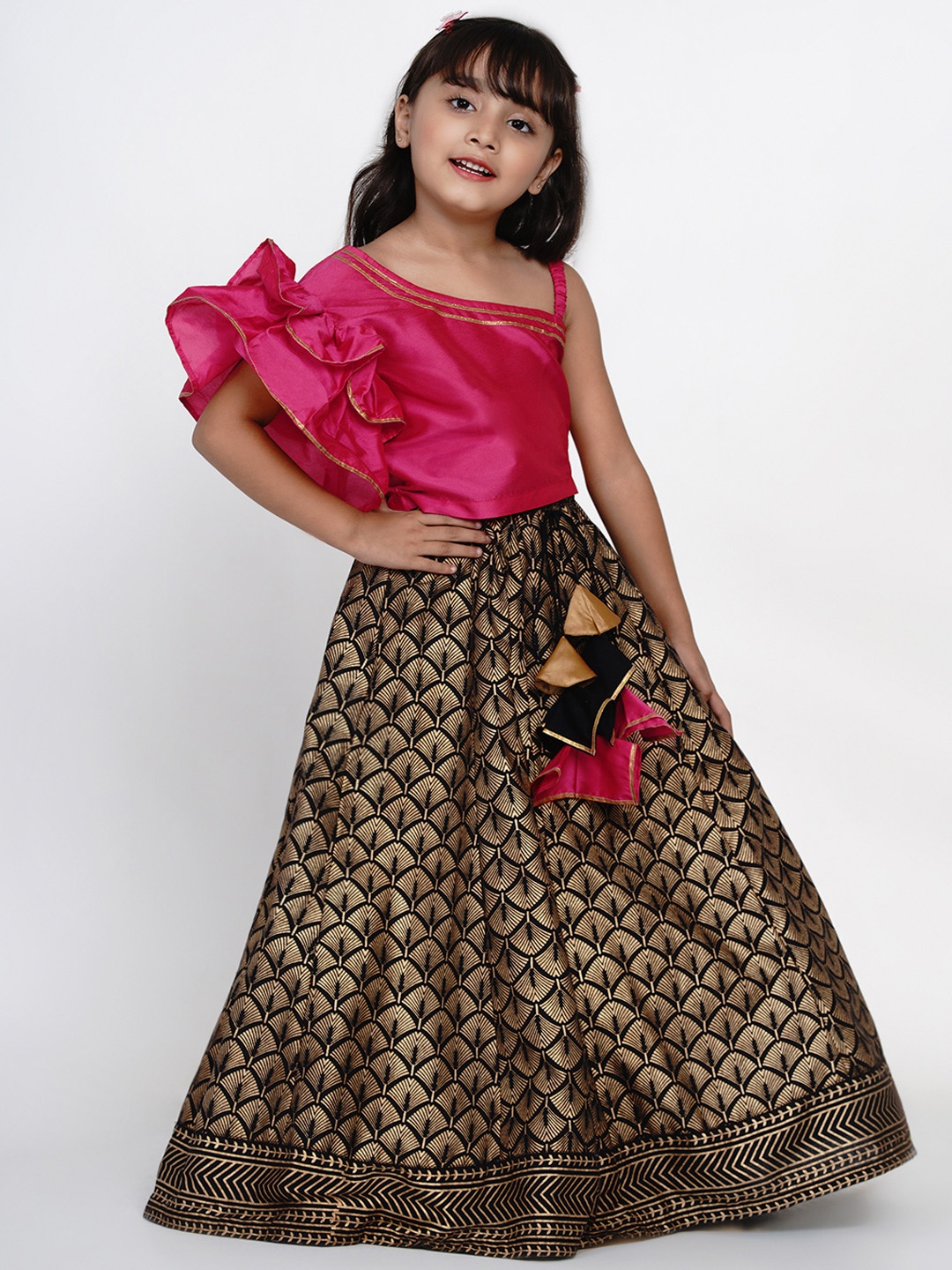 

Bitiya by Bhama Girls Pink & Black Printed Ready to Wear Lehenga & Blouse