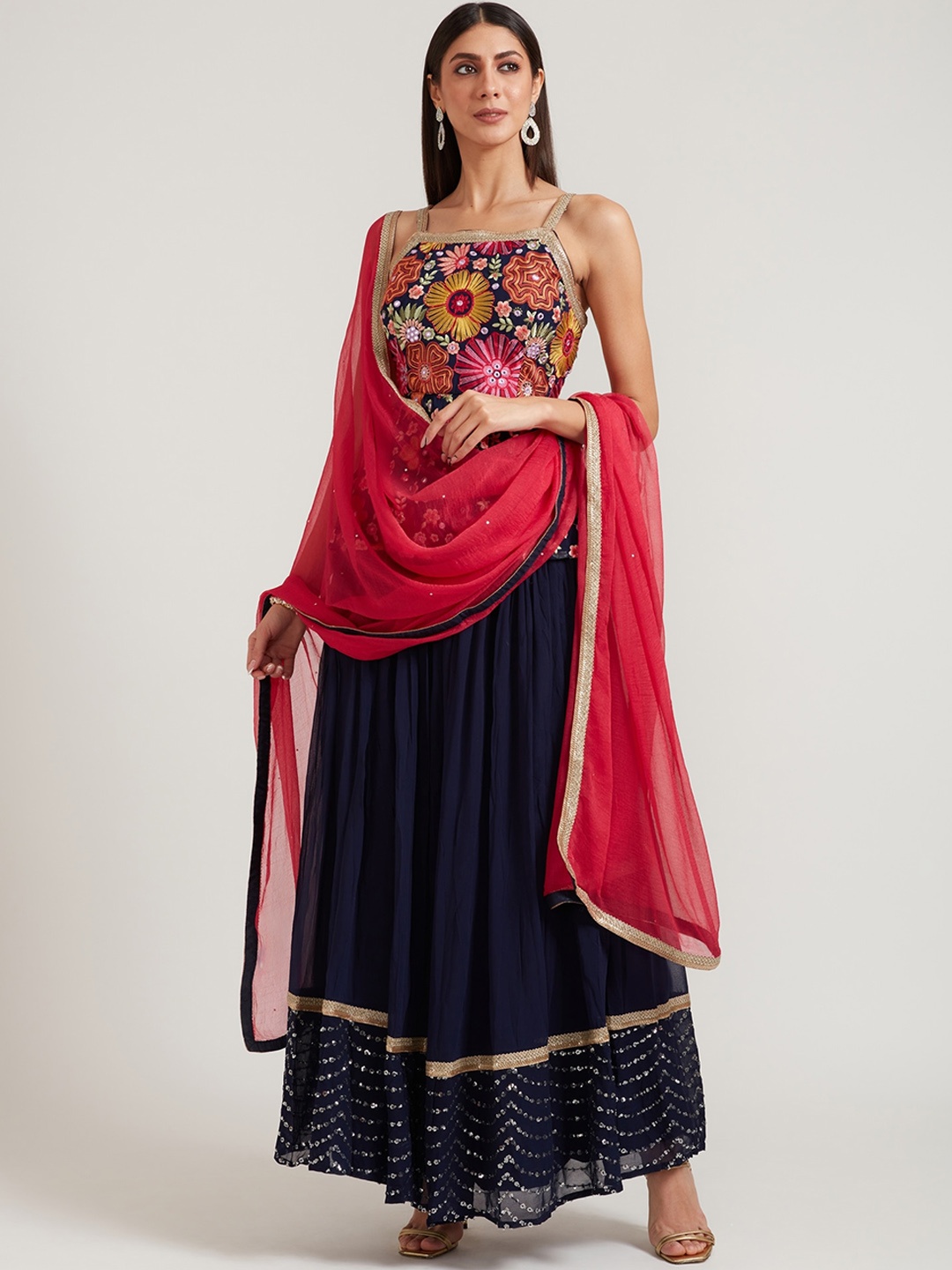 

Neerus Women Navy Blue Aari Work Kurta with Skirt & With Dupatta