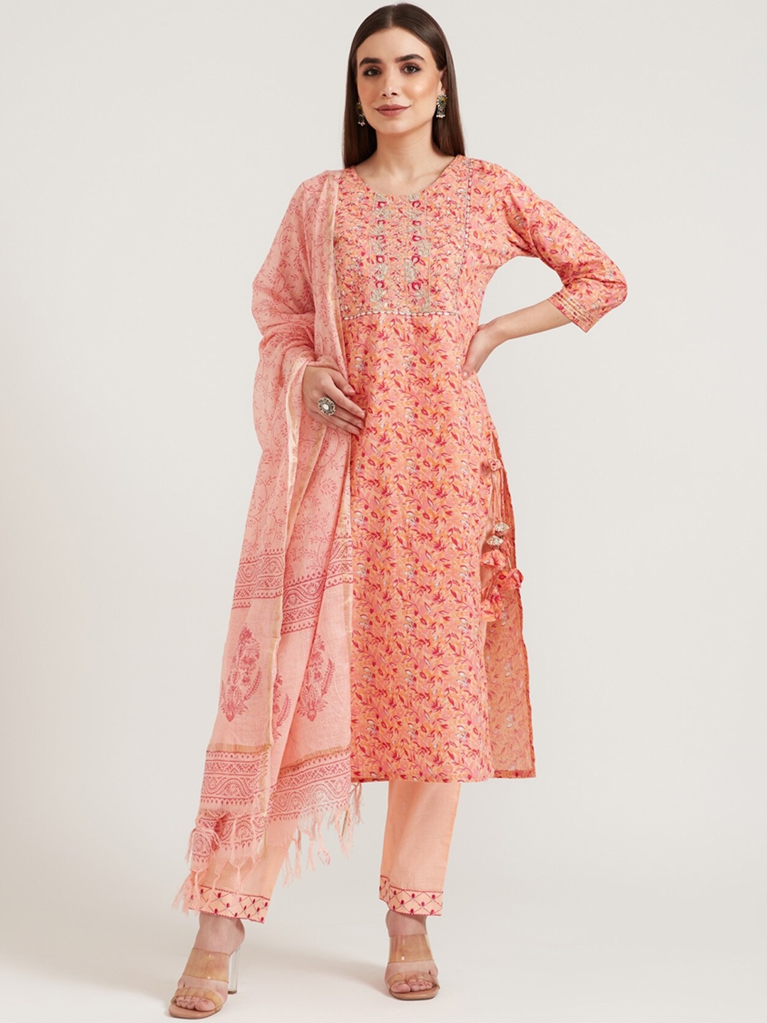 

Neerus Women Peach-Coloured Ethnic Motifs Printed Kurta With Churidar & With Dupatta