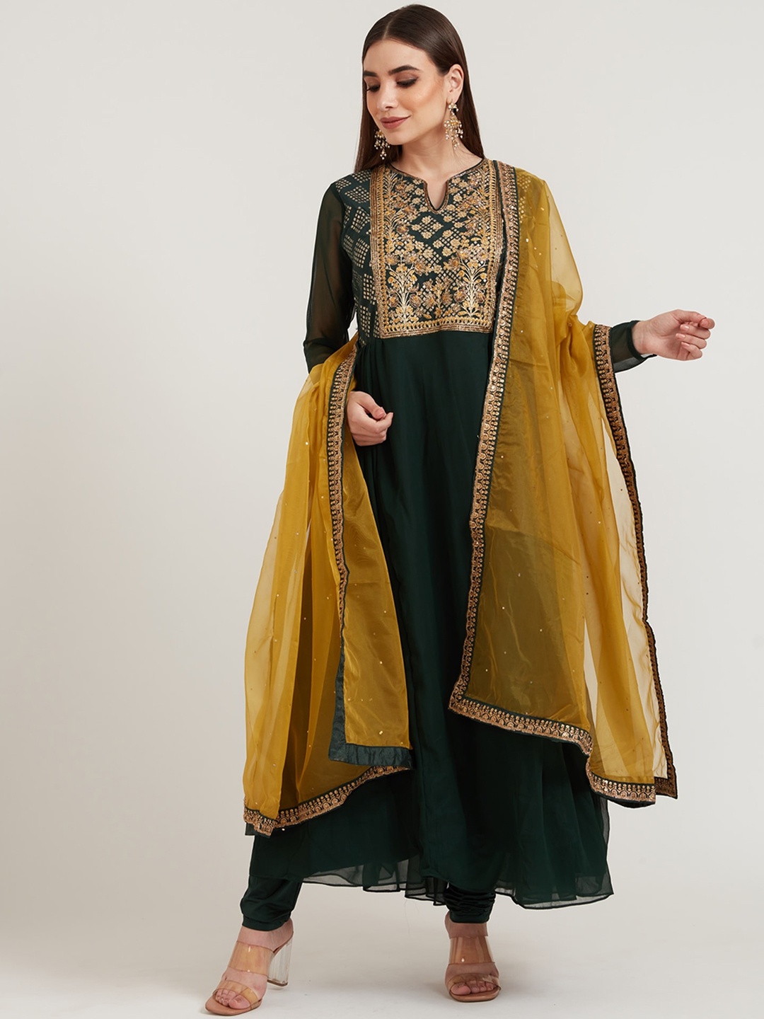 

Neerus Women Green Floral Kurta with Churidar & With Dupatta