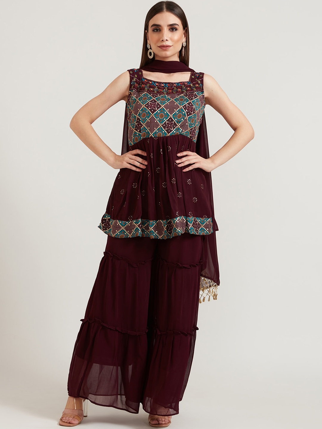 

Neerus Women Red Ethnic Motifs Printed Thread Work Kurta with Sharara