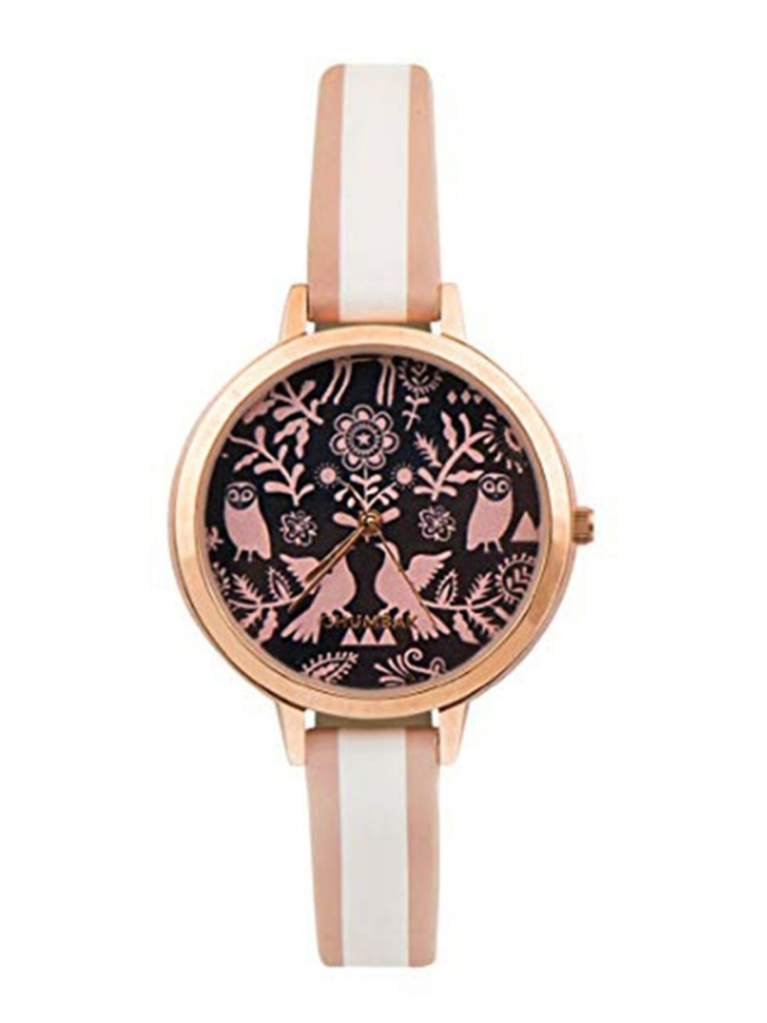 

TEAL BY CHUMBAK Women Black Brass Printed Dial & White Leather Bracelet Style Straps Analogue Watch, Pink