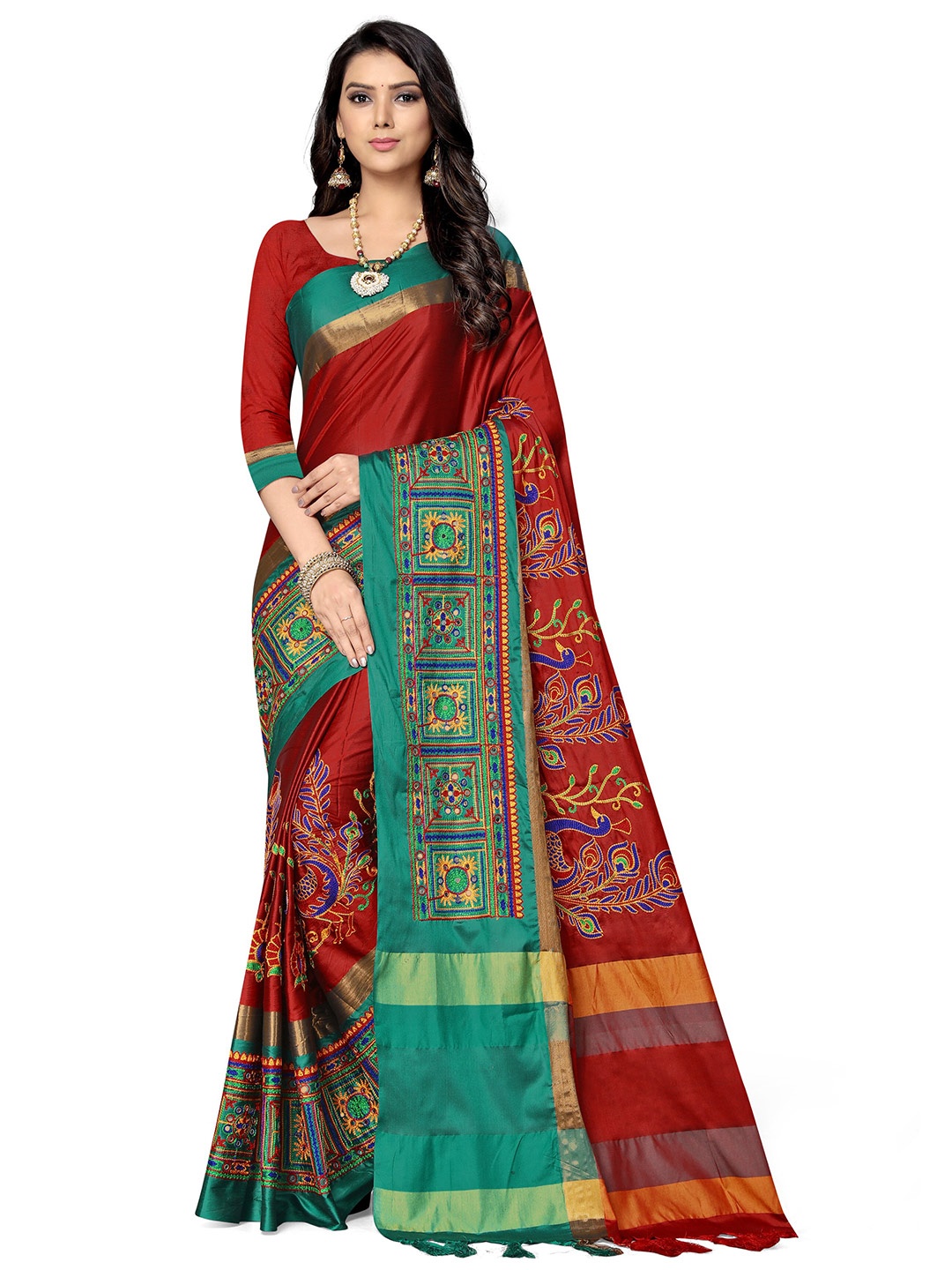 

SERONA FABRICS Red & Green Ethnic Motifs Embroidered Silk Cotton Saree