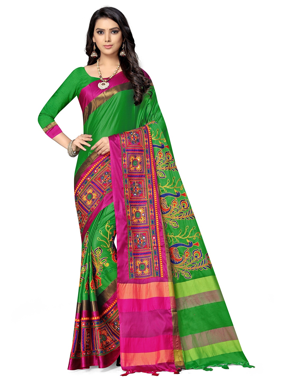 

SERONA FABRICS Green & Pink Embellished Kutchi Embroidery Silk Cotton Saree