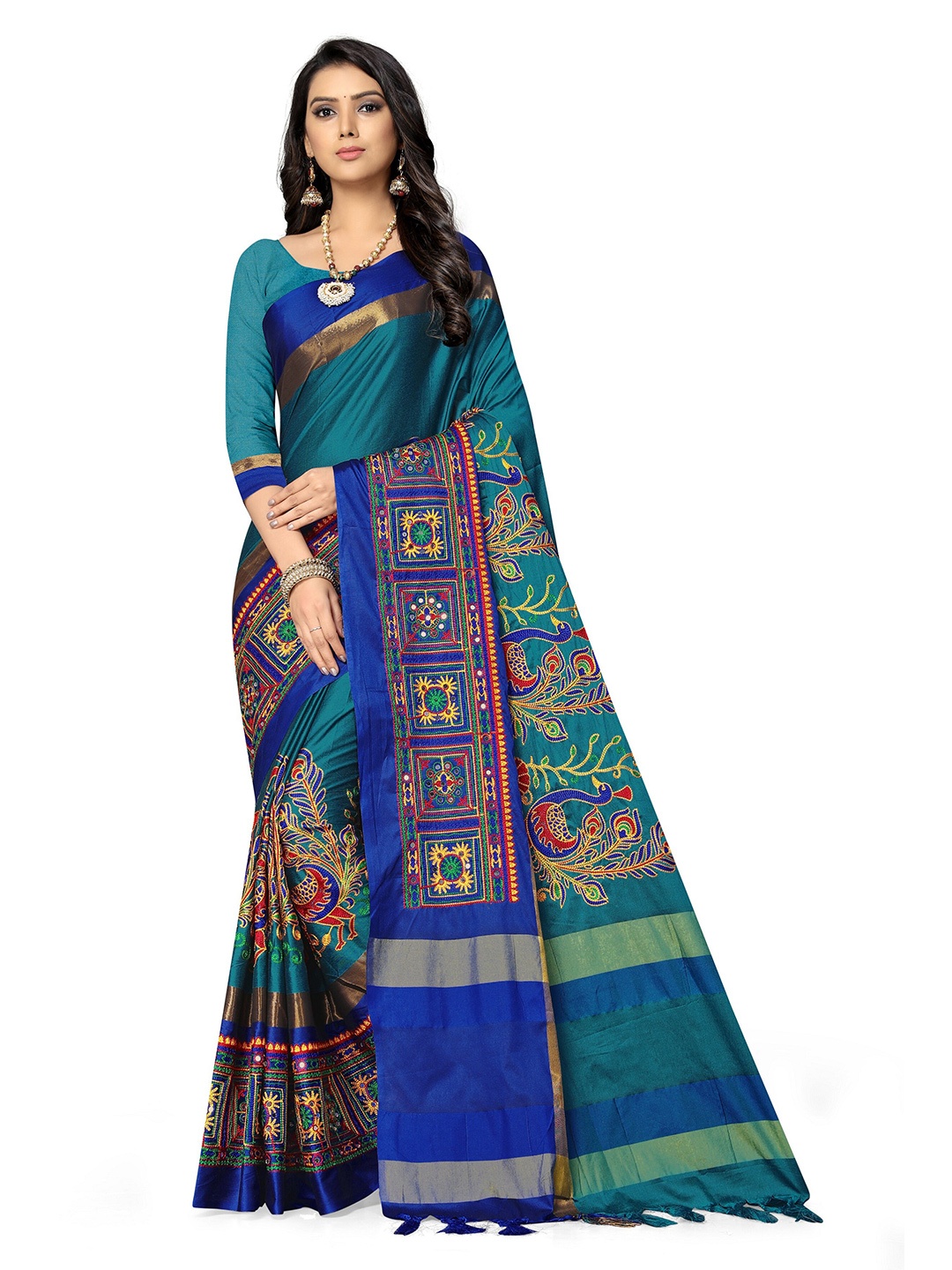 

SERONA FABRICS Teal Blue & Blue Ethnic Motifs Kutchi Embroidery Silk Cotton Saree