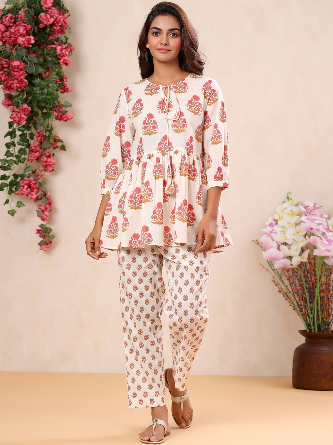 

mirari White & Pink Printed Pure Cotton Peplum Top With Pant Set