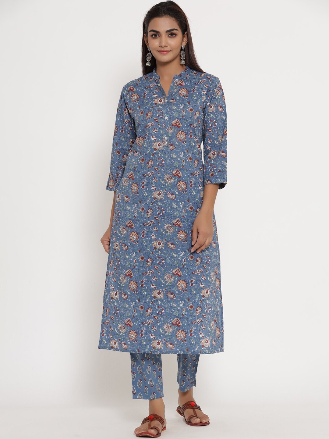 

mirari Teal Floral Printed Pure Cotton Kurta with Trousers