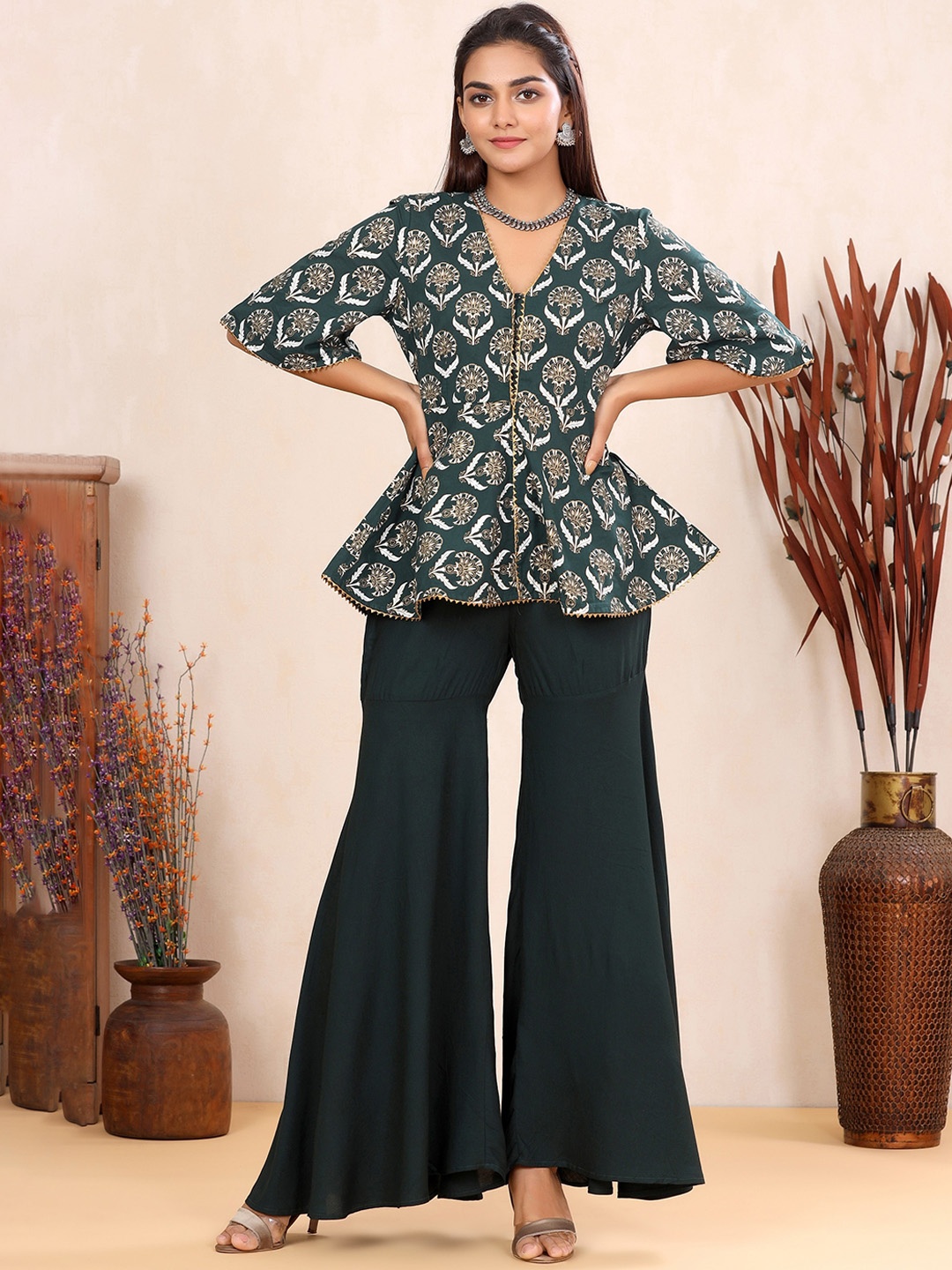 

mirari Women Green Ethnic Motifs Printed Gotta Patti Pure Cotton Top with Sharara