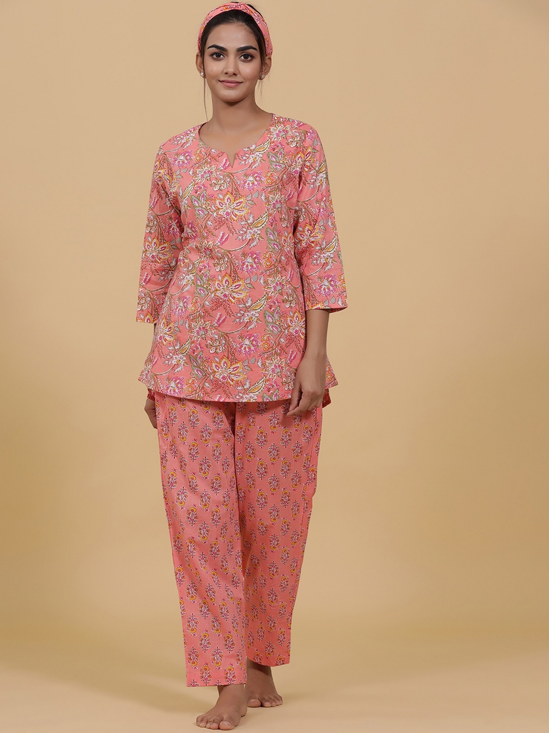 

mirari Peach-Coloured Printed Pure Cotton Night suit