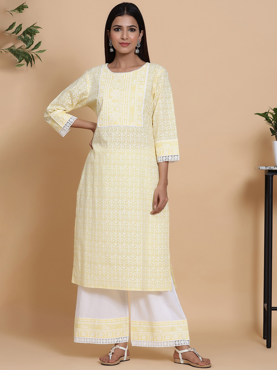 

mirari Women Yellow & White Floral Printed Pure Cotton Kurta with Palazzos