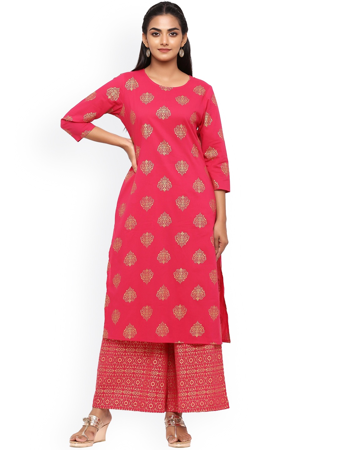 

mirari Women Pink Ethnic Motifs Printed Pure Cotton Kurta with Palazzos