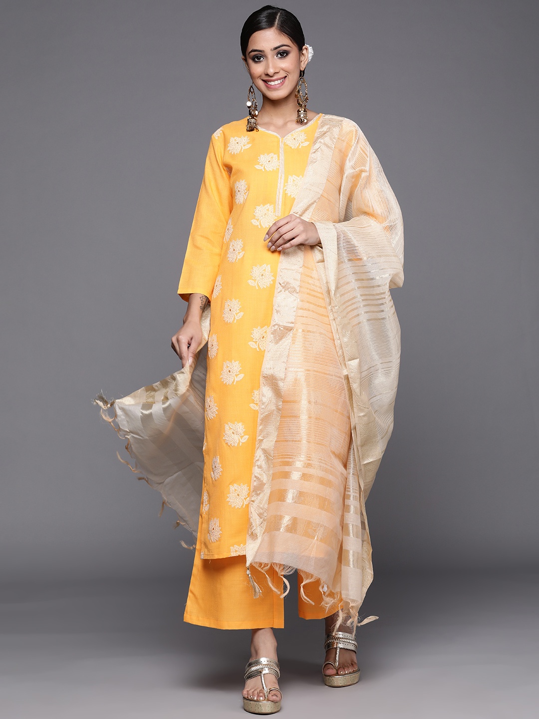 

Indo Era Women Yellow Floral Embroidered Kurta with Palazzos & Dupatta