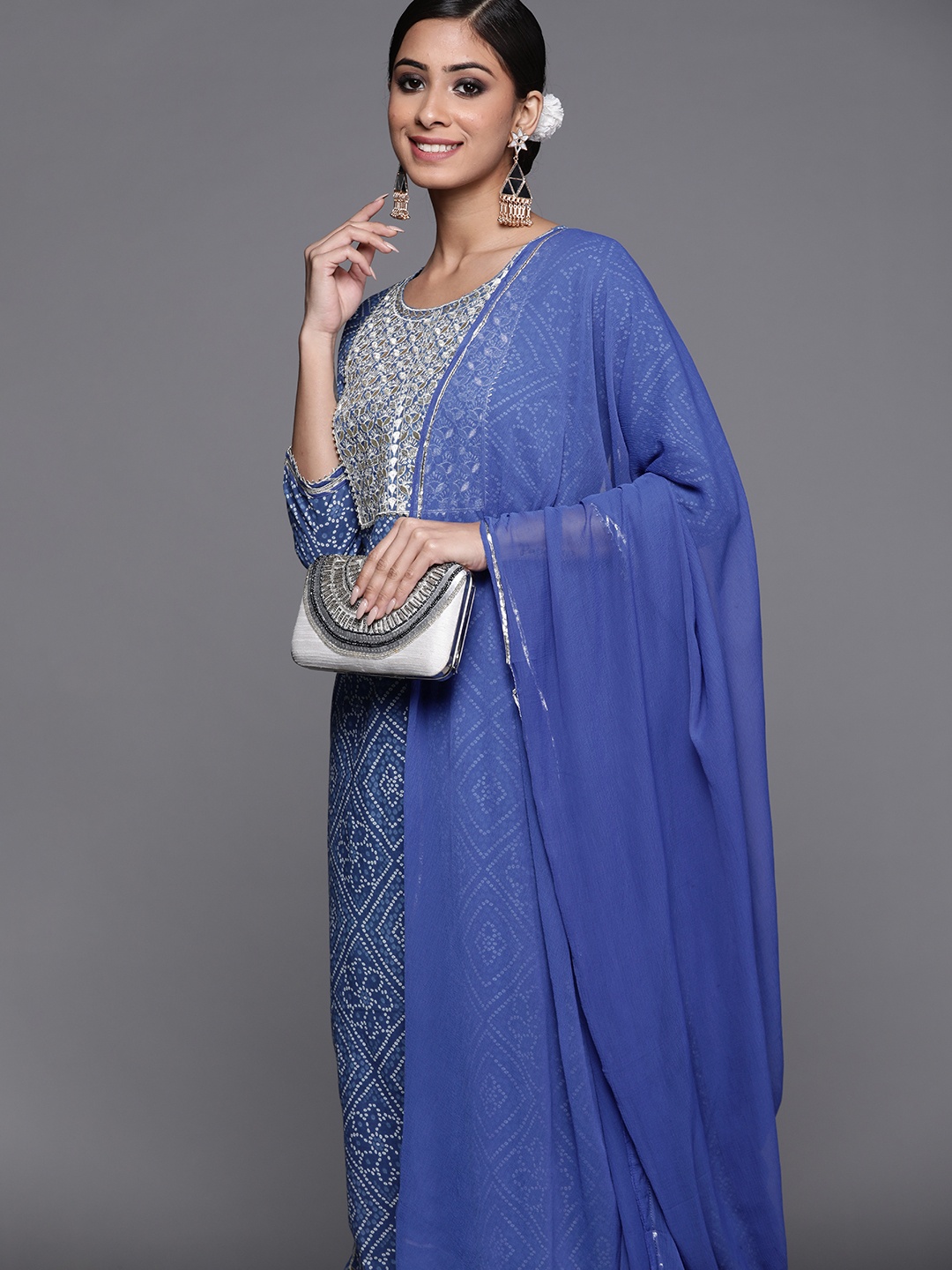 

Indo Era Women Blue Bandhani Printd Kurta with Palazzos & Dupatta