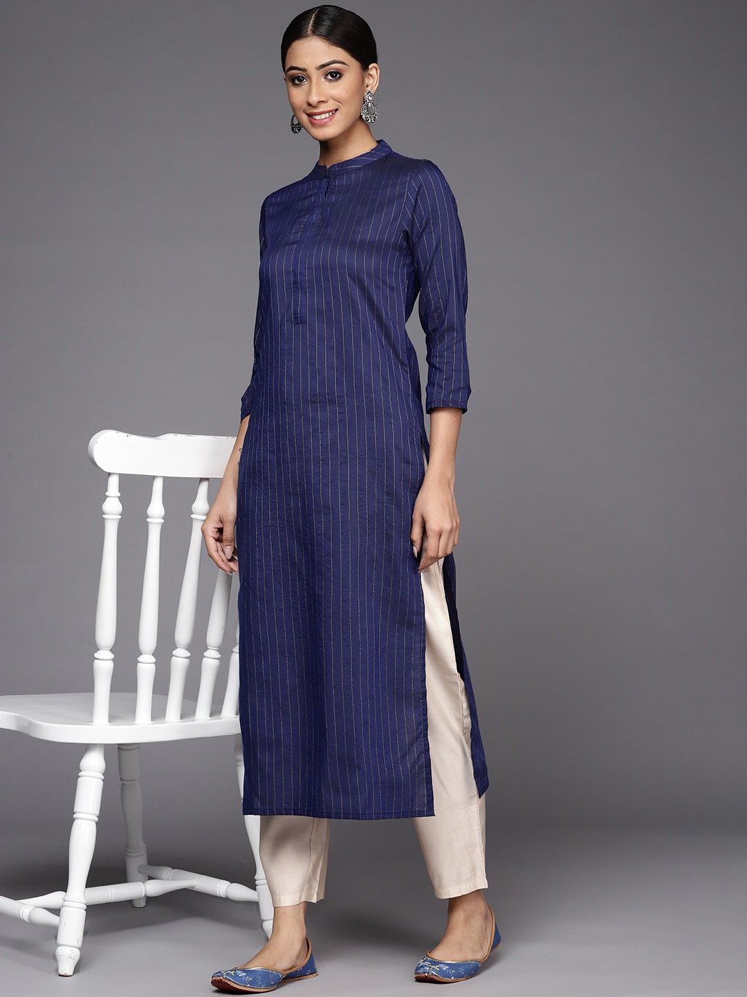 

Indo Era Women Navy Blue Striped Kurta