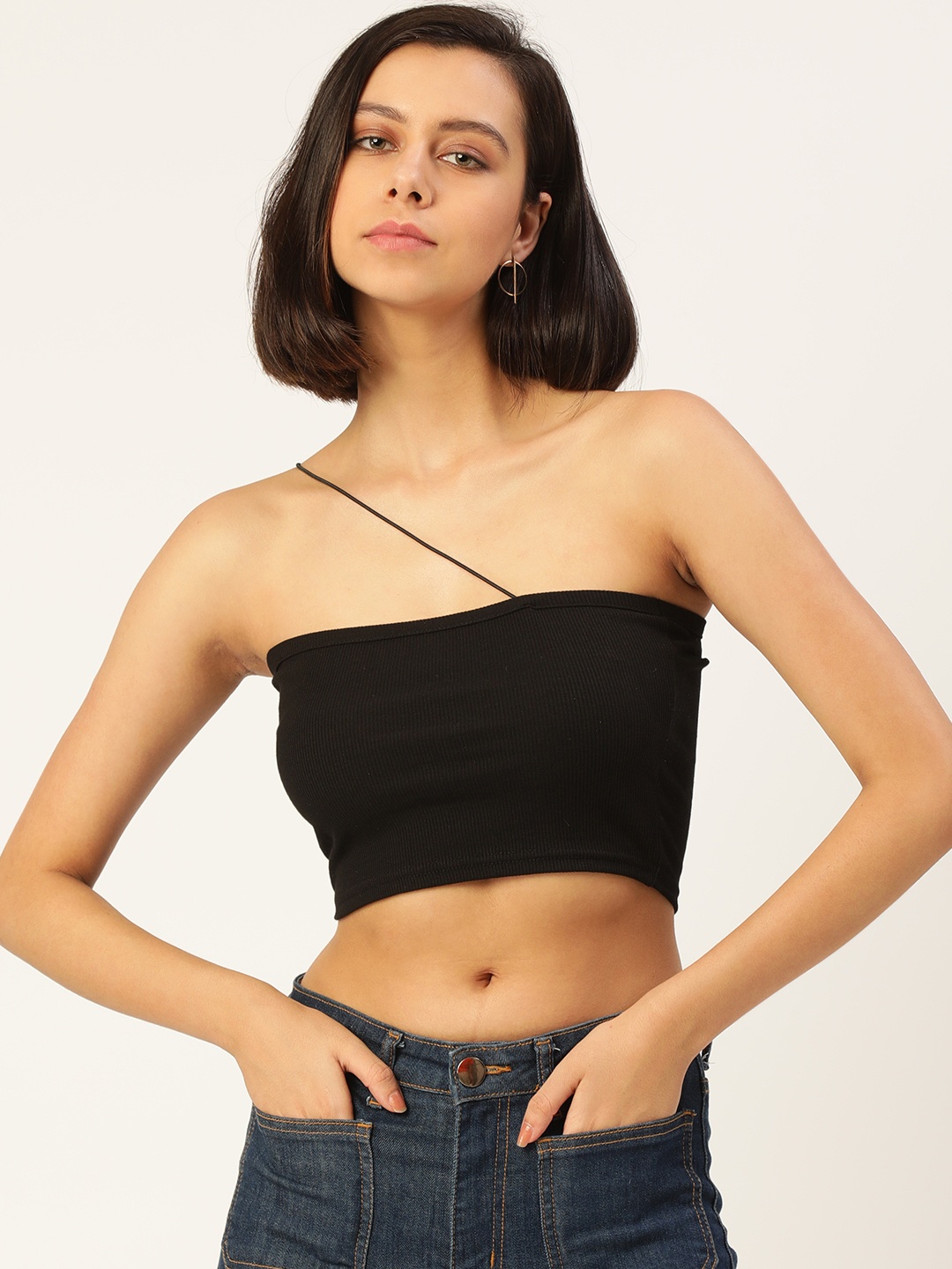 

SHECZZAR Women Black Solid Fitted Crop Top