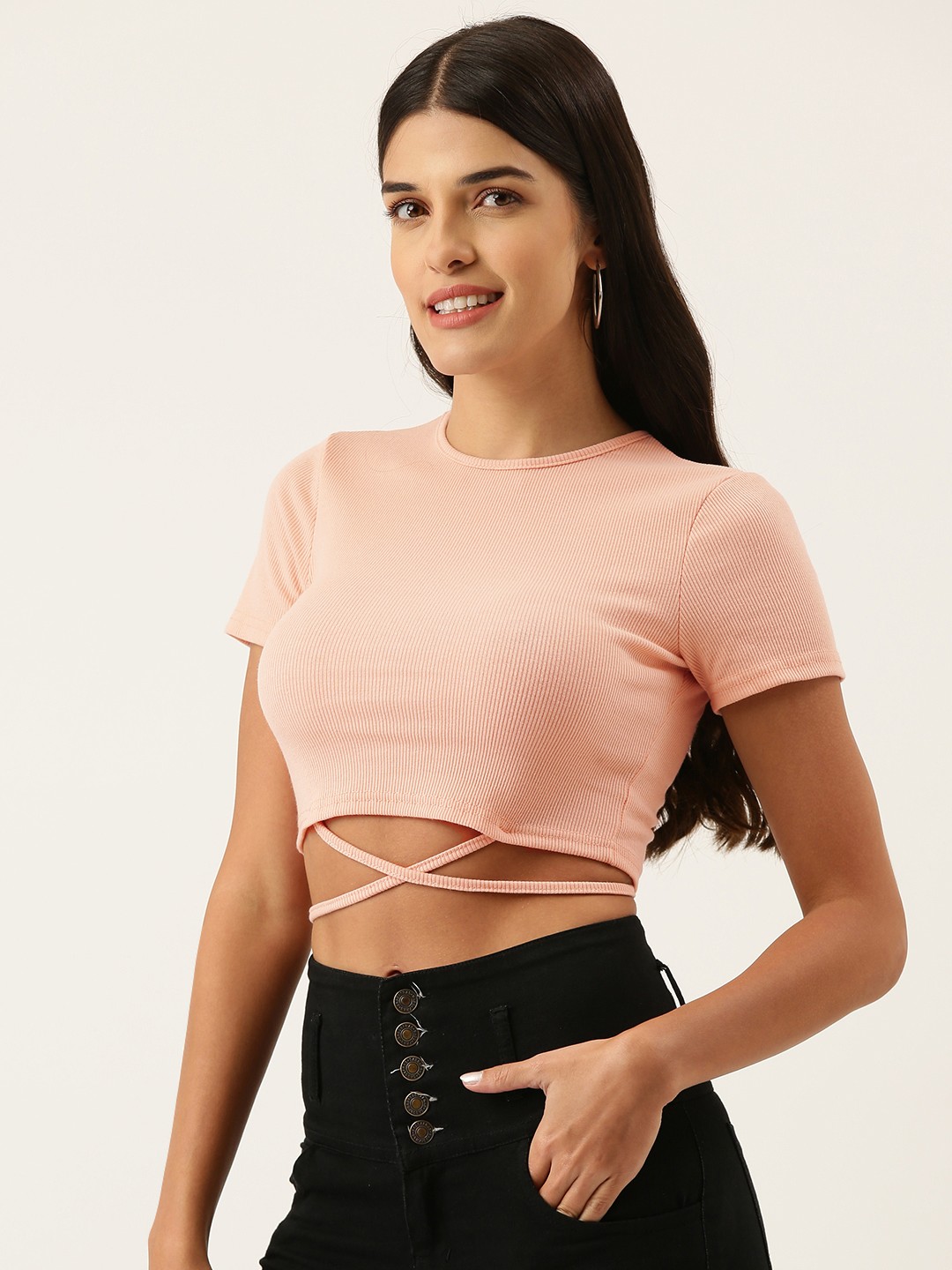 

SHECZZAR Women Peach-Coloured Solid Fitted Waist Tie-Up Detail Crop Top