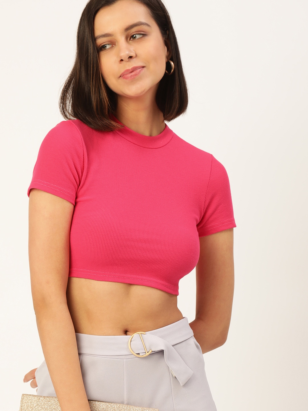 

SHECZZAR Women Fuchsia Solid Fitted Crop Top