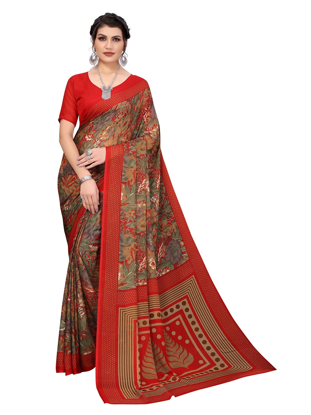 

Yashika Red & Green Floral Printed Poly-Georgette Saree
